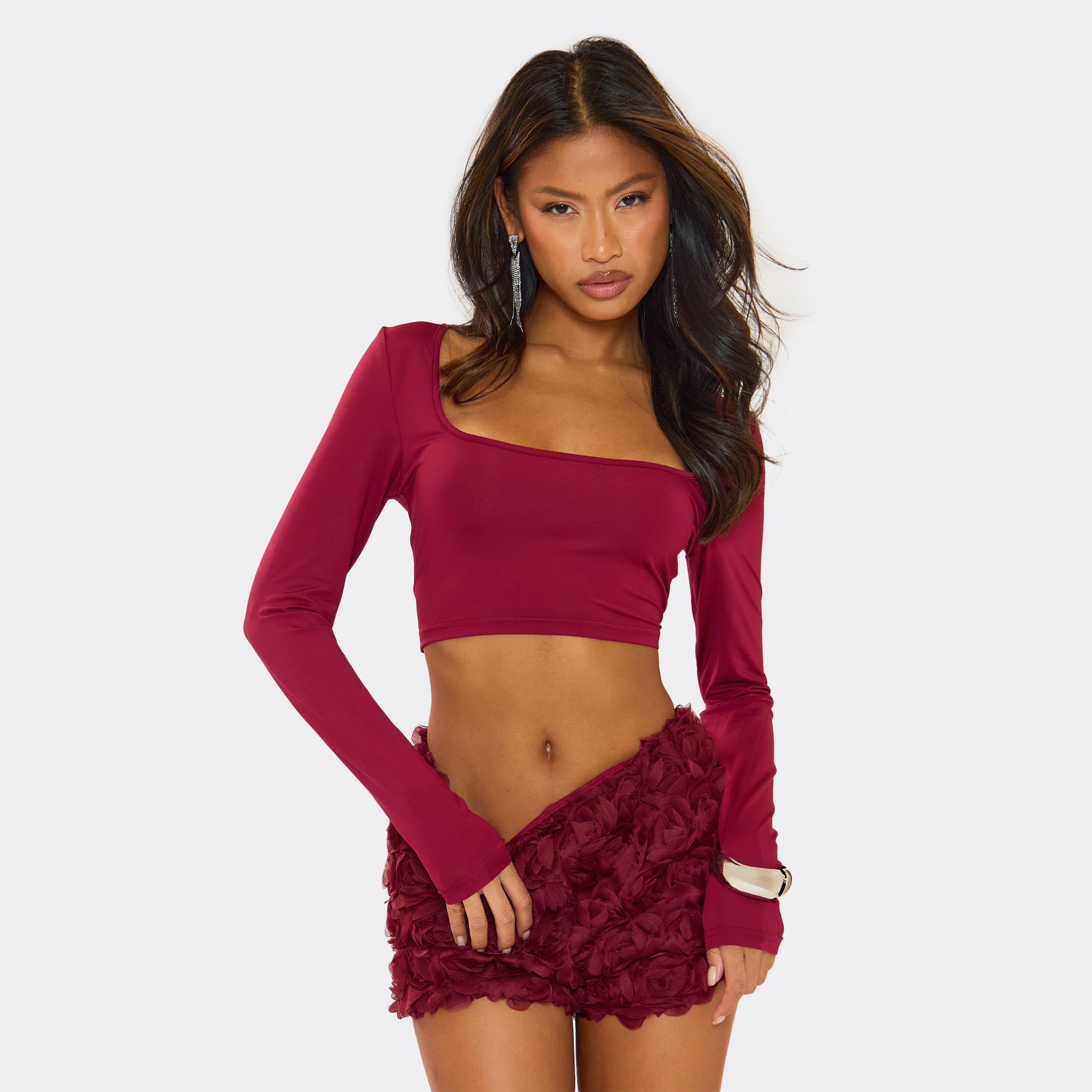 Long Sleeve Square Neck Slinky Crop Top And Textured Floral Hot Pants In Burgundy, Women's Size UK 12
