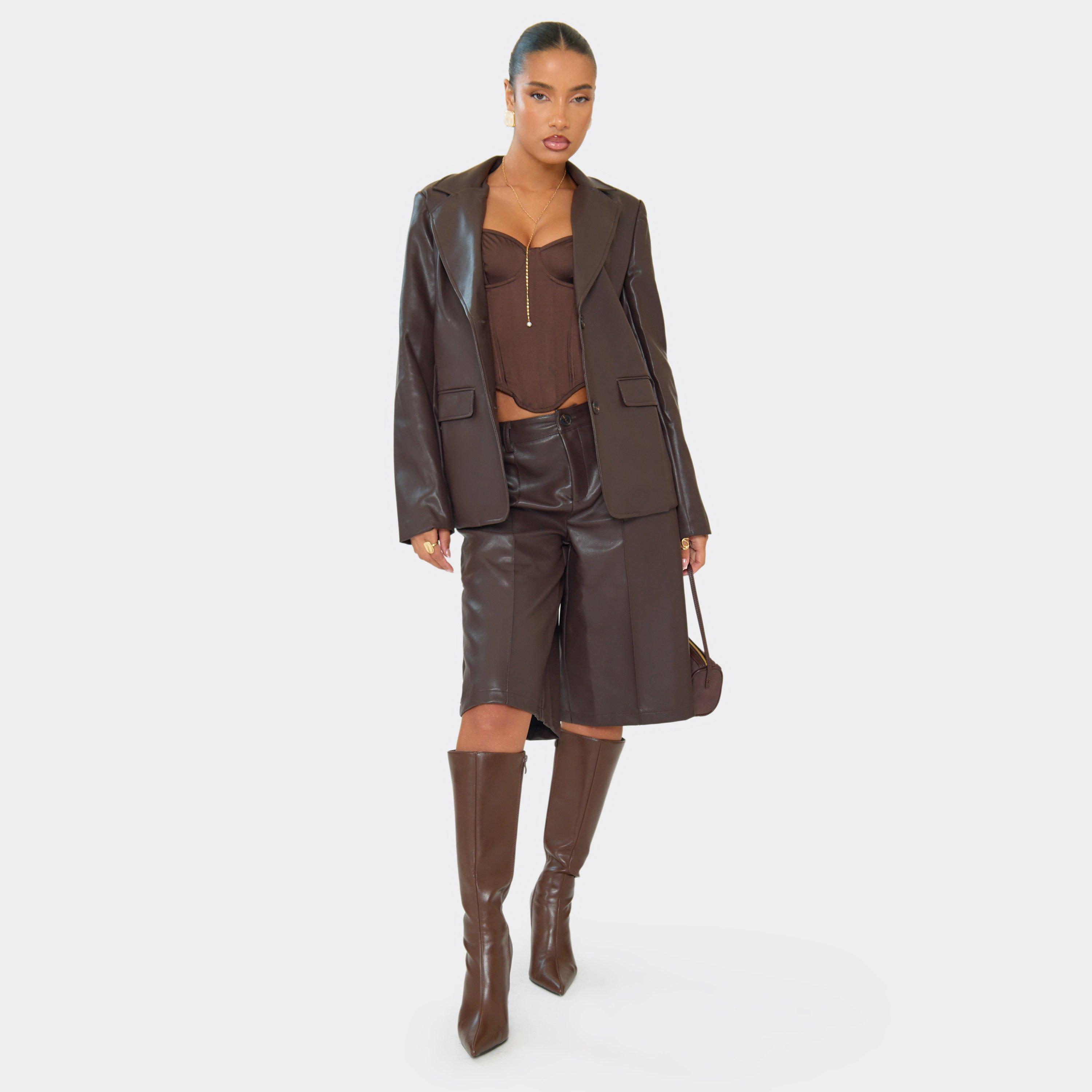 Mid Rise Button Front Jorts In Chocolate Brown Faux Leather, Women’s