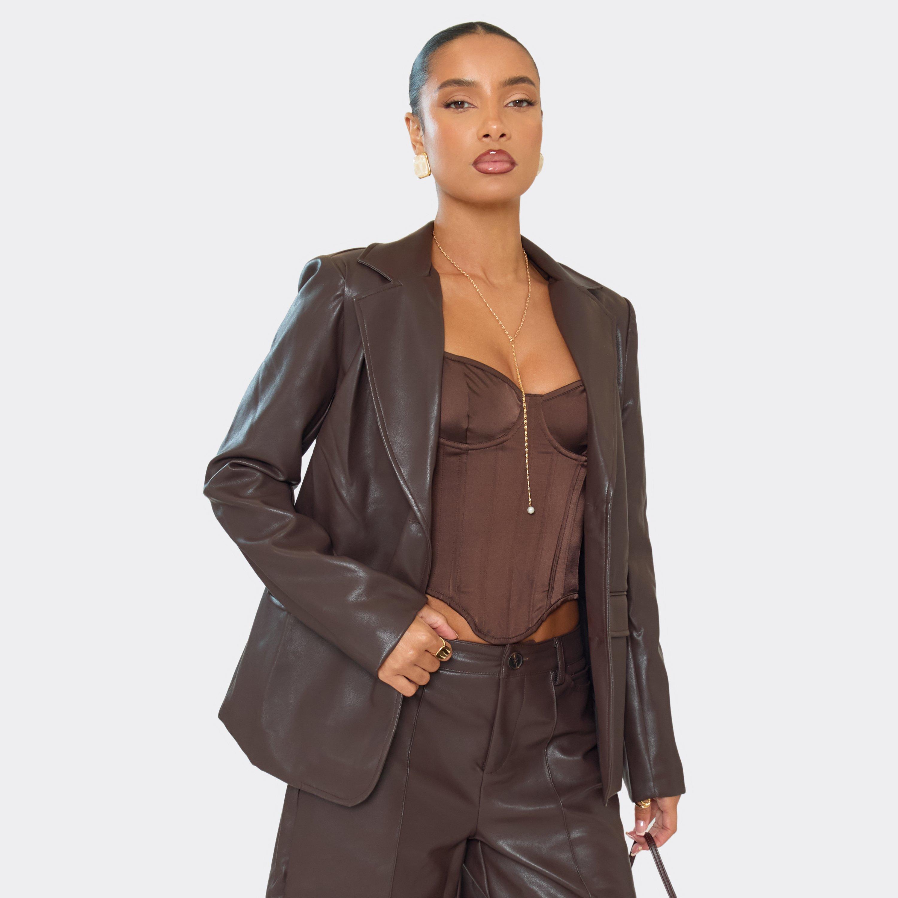 Oversized Button Front Blazer In Chocolate Brown Faux Leather, Women's Size UK 6