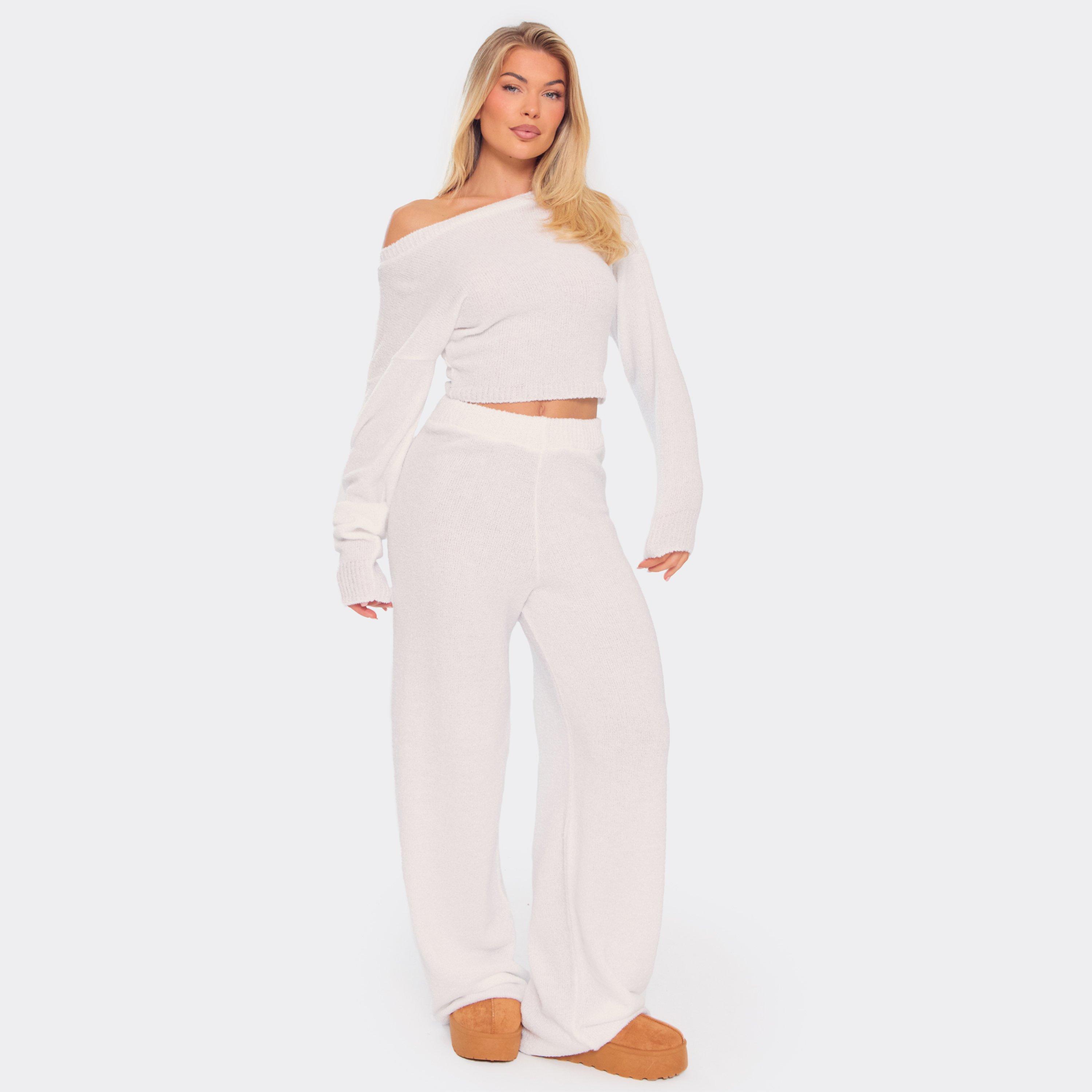 Mid Rise Wide Leg Trousers In White Plush Knit, Women's Size UK M