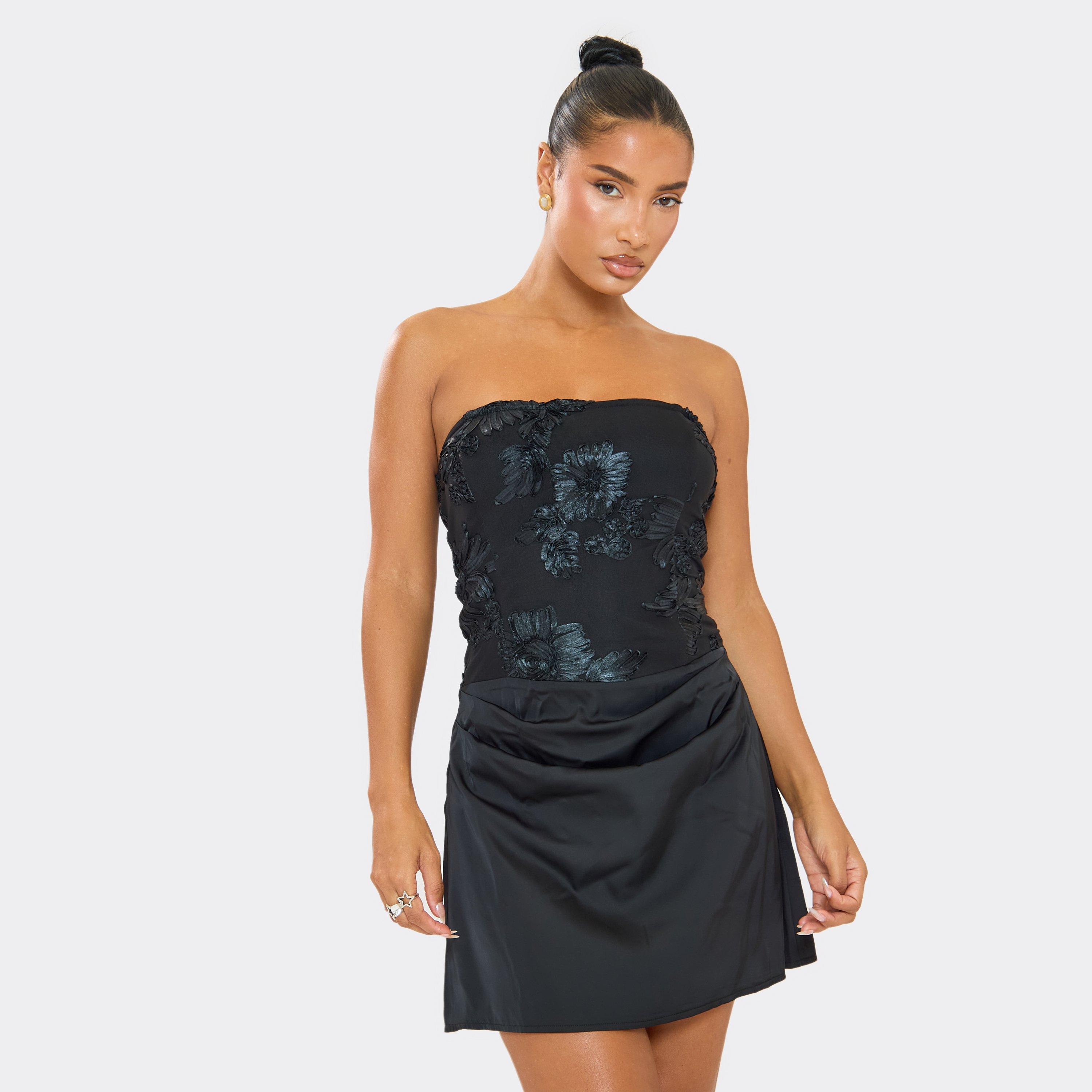 Bandeau Floral Corset Ruched Detail A-Line Mini Dress In Black Satin, Women’s