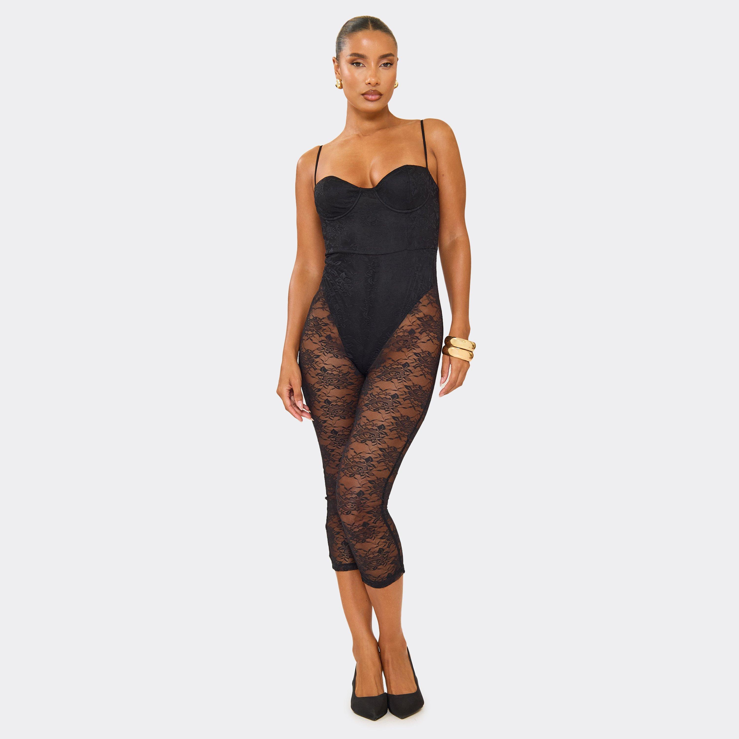 Strappy Underwire Bodysuit Detail Capri Jumpsuit In Black Lace, Women's Size UK 8