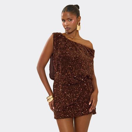 Off The Shoulder Blouson Mini Dress In Brown Velvet Sequin, Women's Size US