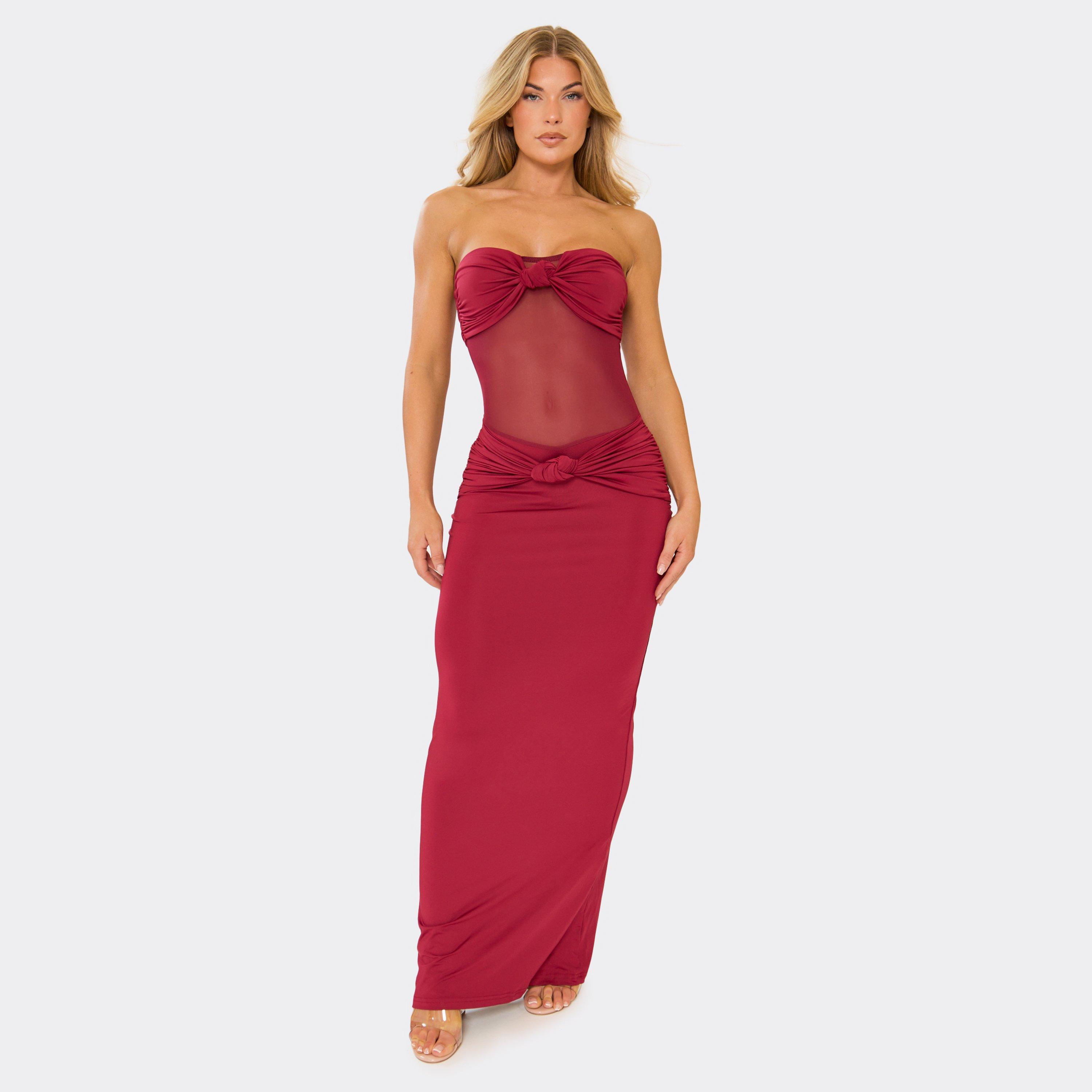 Bandeau Sheer Panel Knot Front Detail Maxi Dress In Burgundy, Women’s