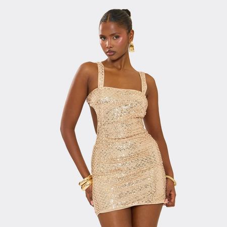 Square Neck Open Back Detail Mini Dress In Gold Sequin, Women's Size US