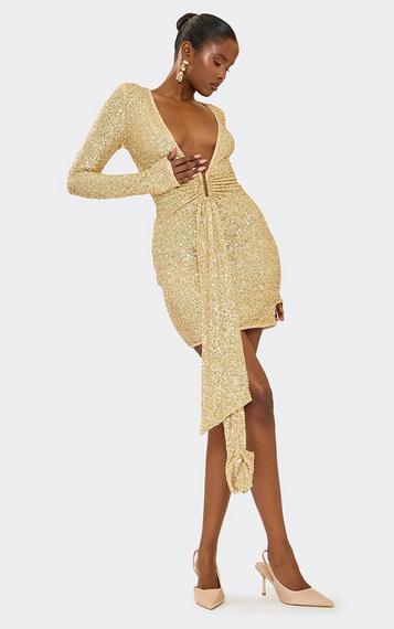 long sleeve long gold sequin dress J'Adore Dresses JM201 Long Neckline Gorgeous Mermaid Champagne Gold Long