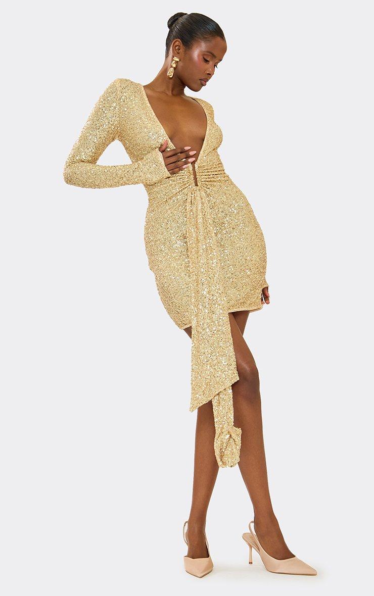 gold party dress with sleeves Elegant V-Neck Long Sleeve Prom High Split, Sparkle Sequin Gown please communicate it accordingly as custom tailoring is possible Sparkly Gold Metallic V-Neck Ruched