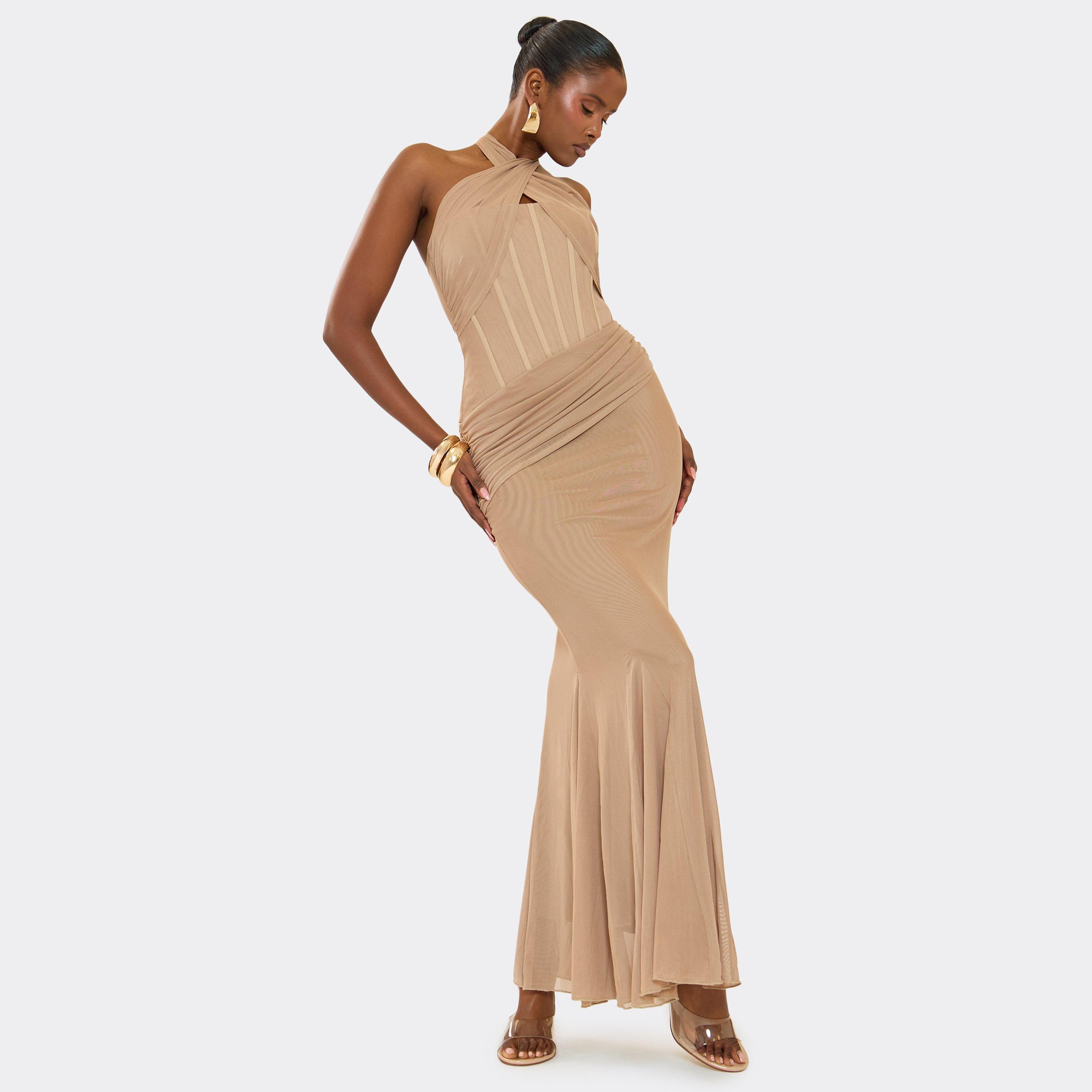 Cross Strap Boning Detail Maxi Dress In Mocha, Women’s