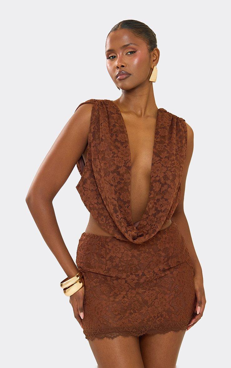 Halterneck Plunge Top And Ruffle Mini Skirt Co-Ord Set In Brown