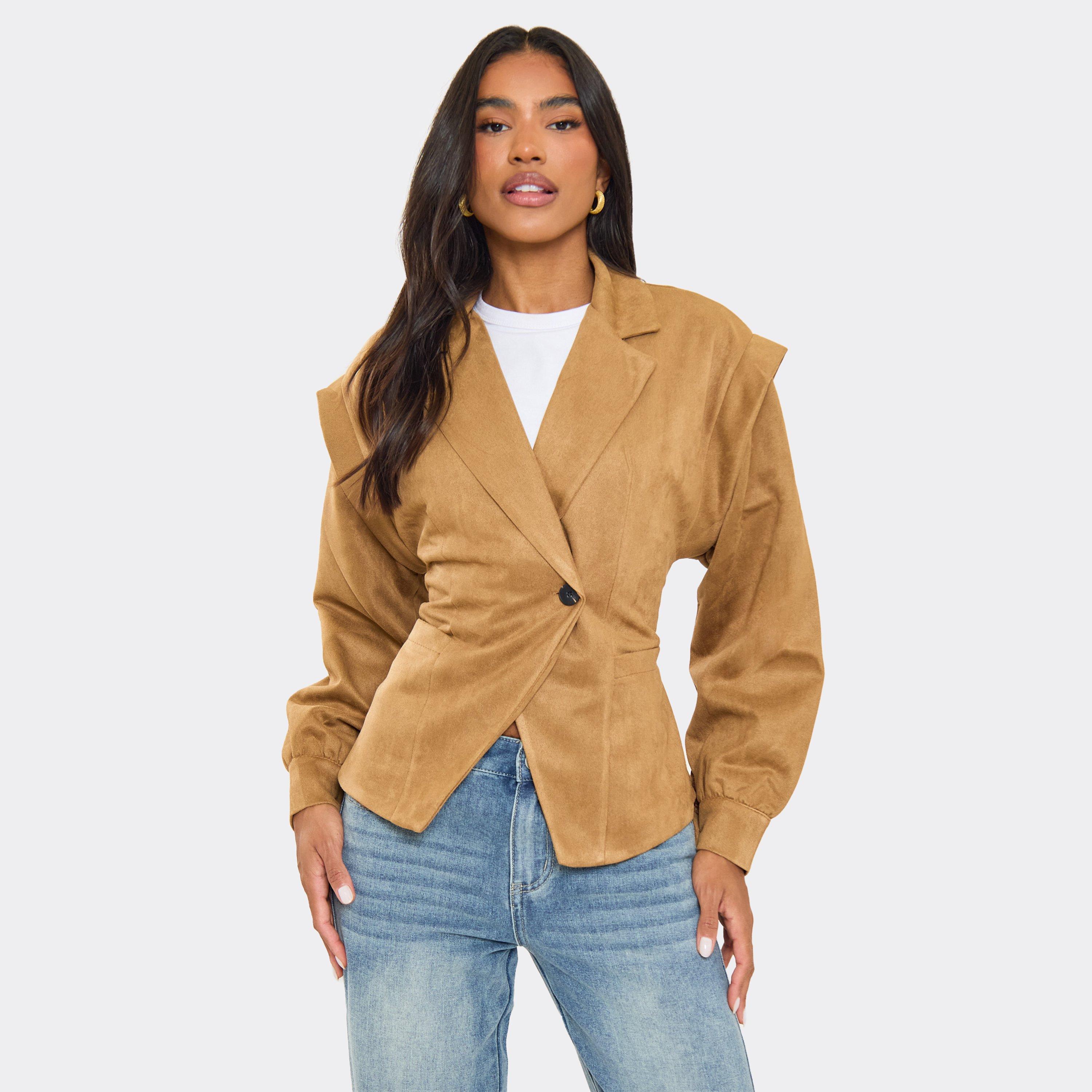 Long Sleeve Cinched Waist Detail Tie Back Blazer In Stone Faux Suede, Women's Size UK S