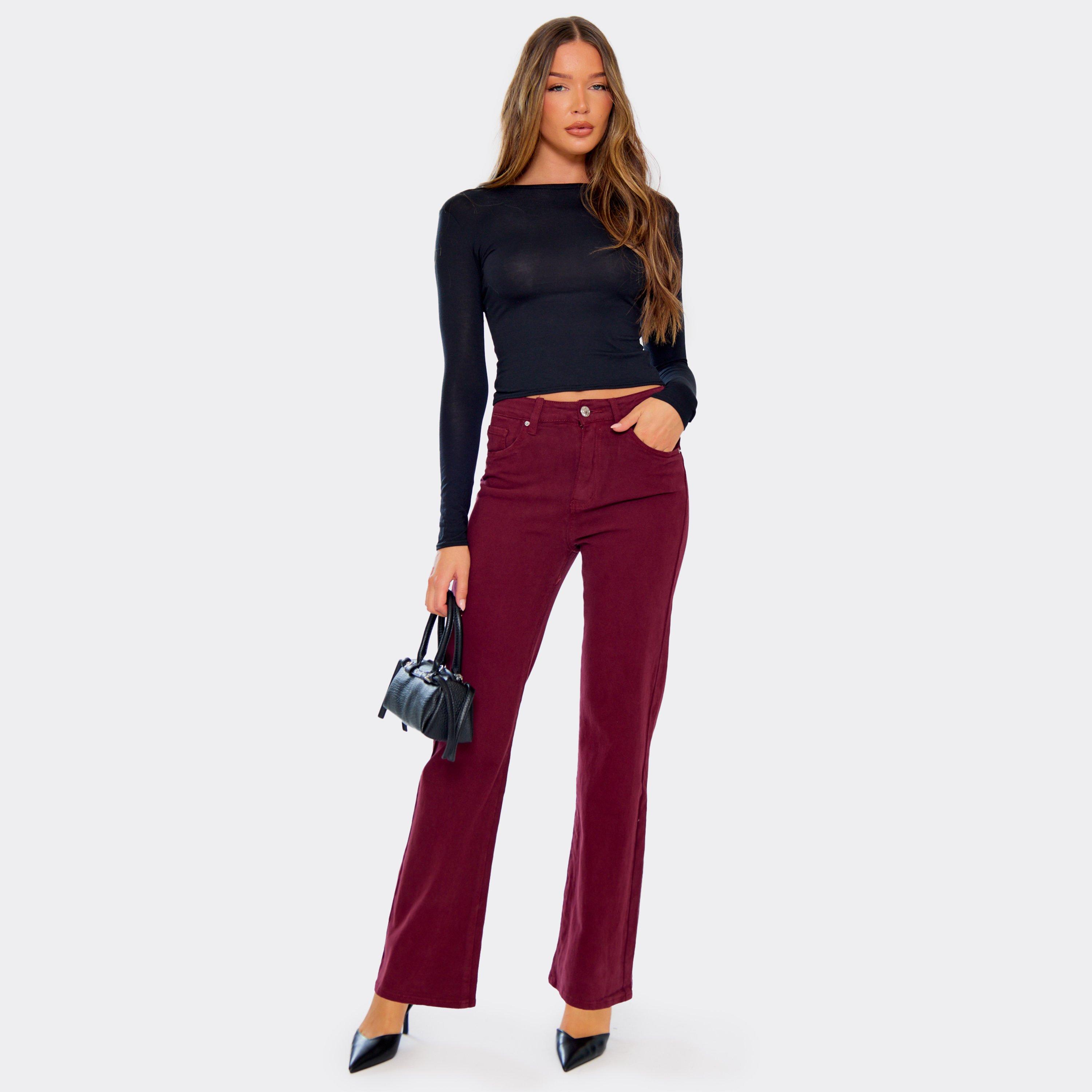 Image of Mid Rise Button Detail Straight Leg Jeans In Burgundy Denim, Women's