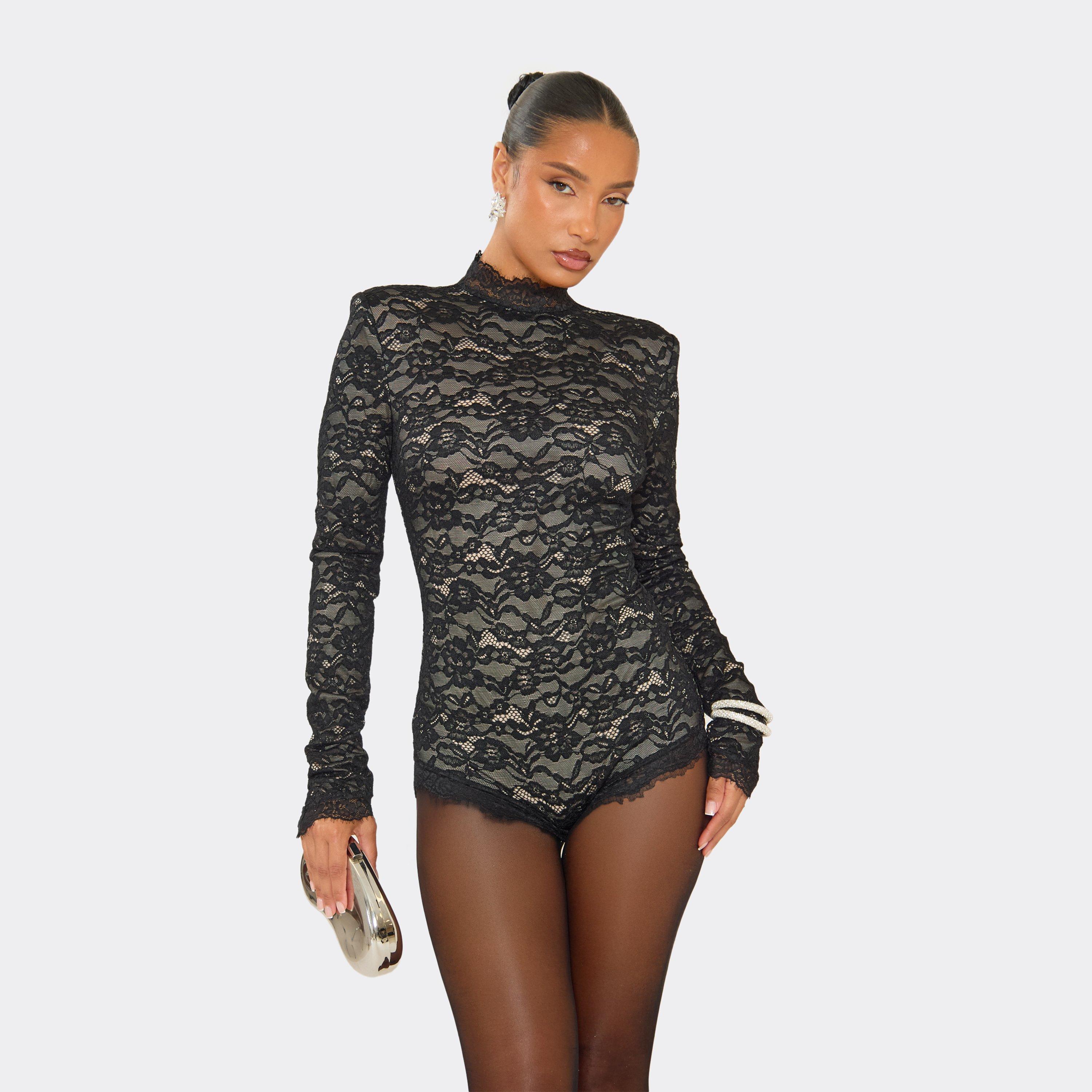 High Neck Long Sleeve Lace Trim Detail Playsuit In Black Lace, Women's Size UK 12