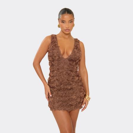 Plunge Front Floral Applique Mini Dress In Chocolate Brown, Women's Size US