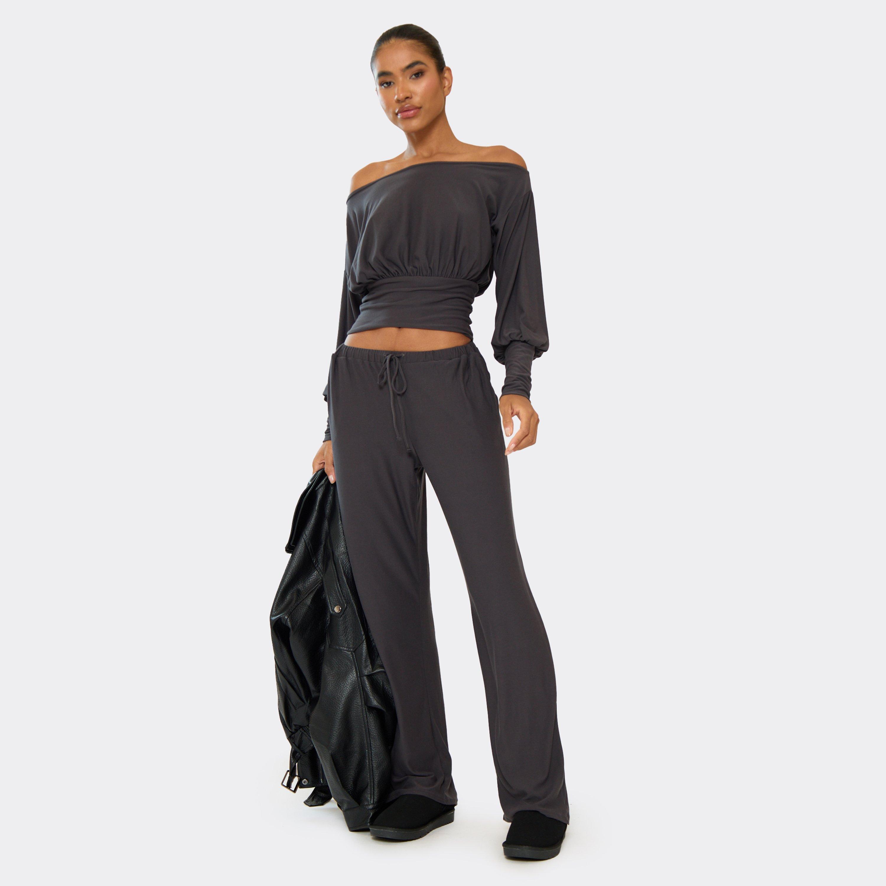 Image of Low Rise Wide Leg Trousers In Charcoal Grey Soft Jersey, Women's