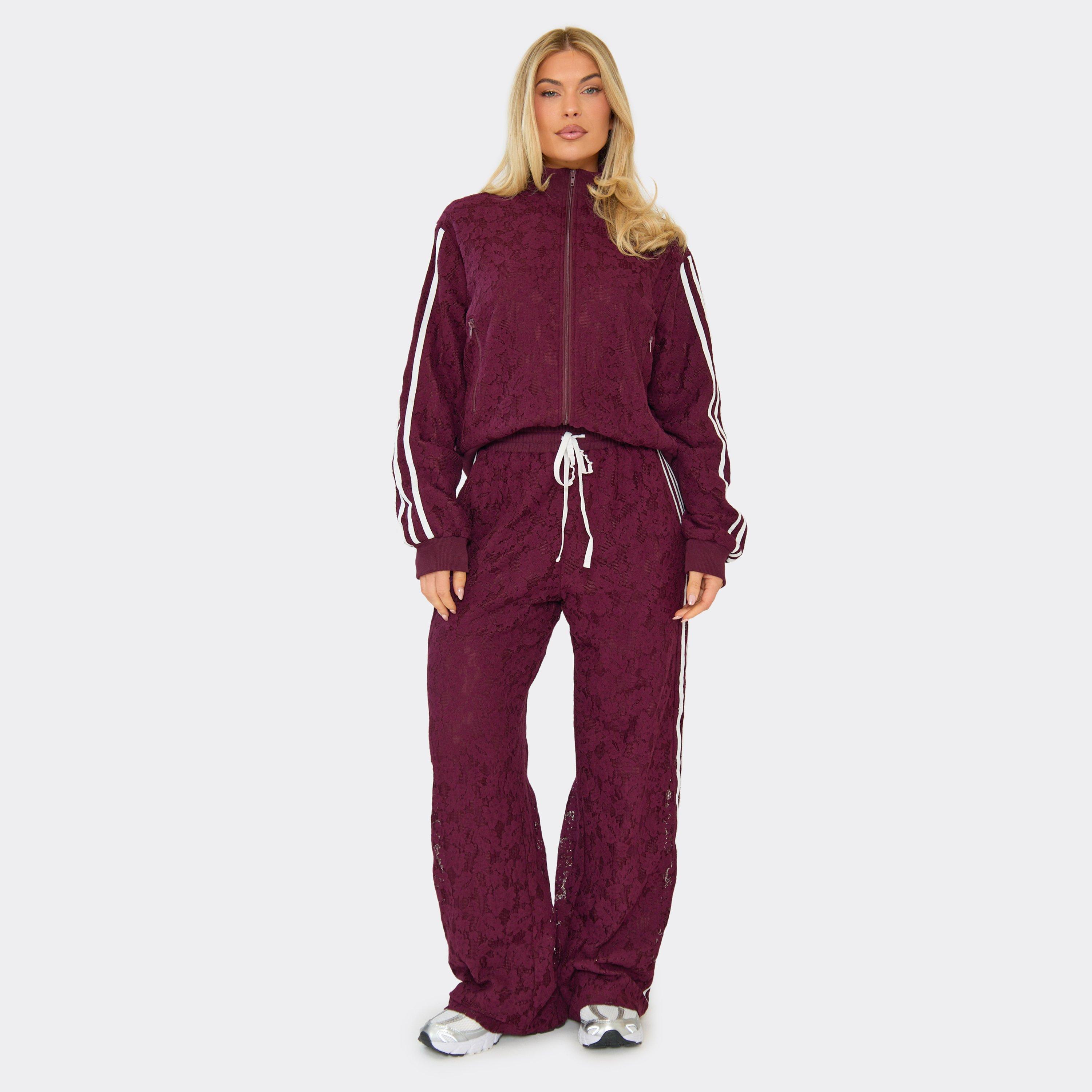 Mid Rise Contrast Stripe Straight Leg Joggers In Plum Floral Crochet, Women's Size UK 6