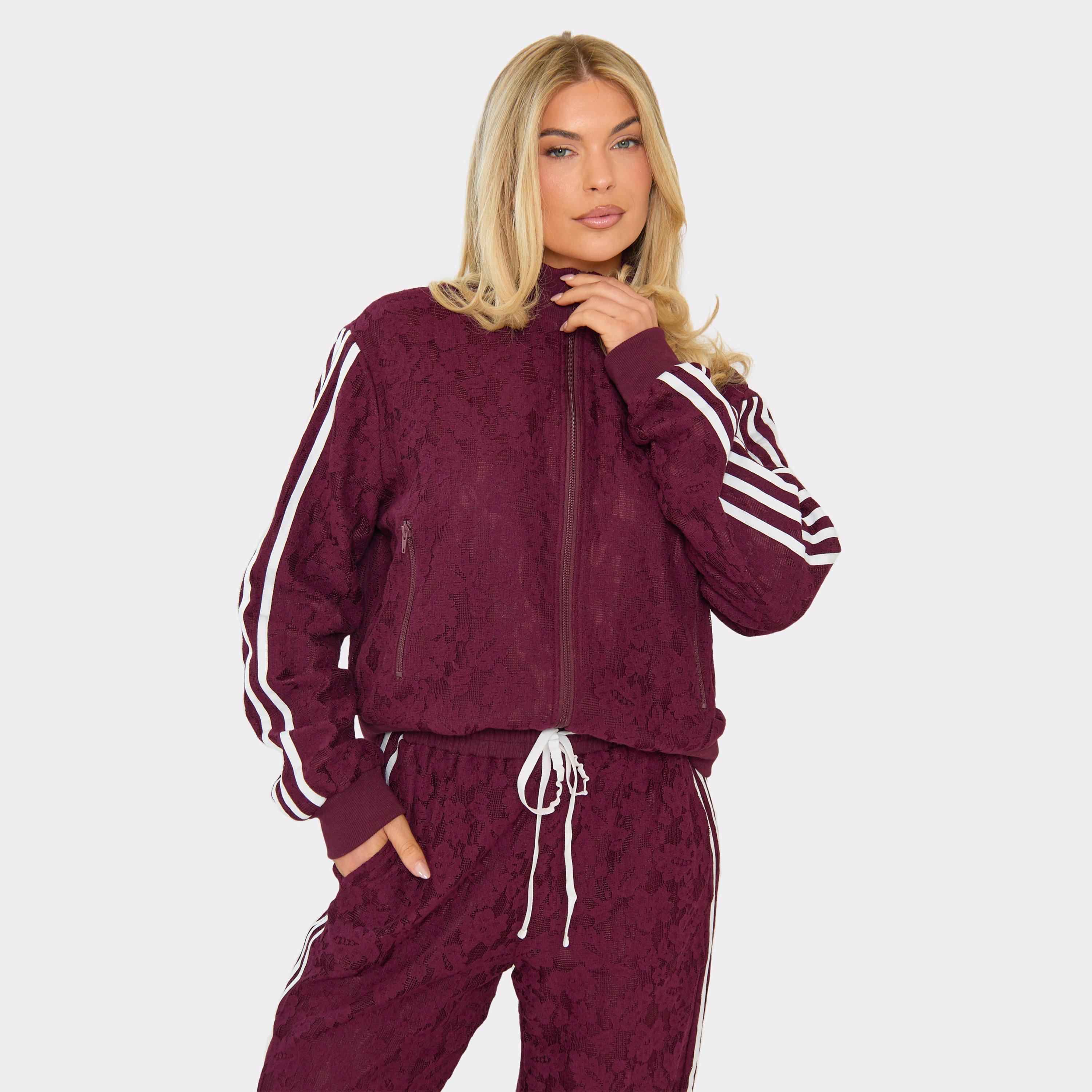 Long Sleeve Contrast Stripe Boxy Double Zip Up Jacket In Plum Floral Crochet, Women's Size UK 6