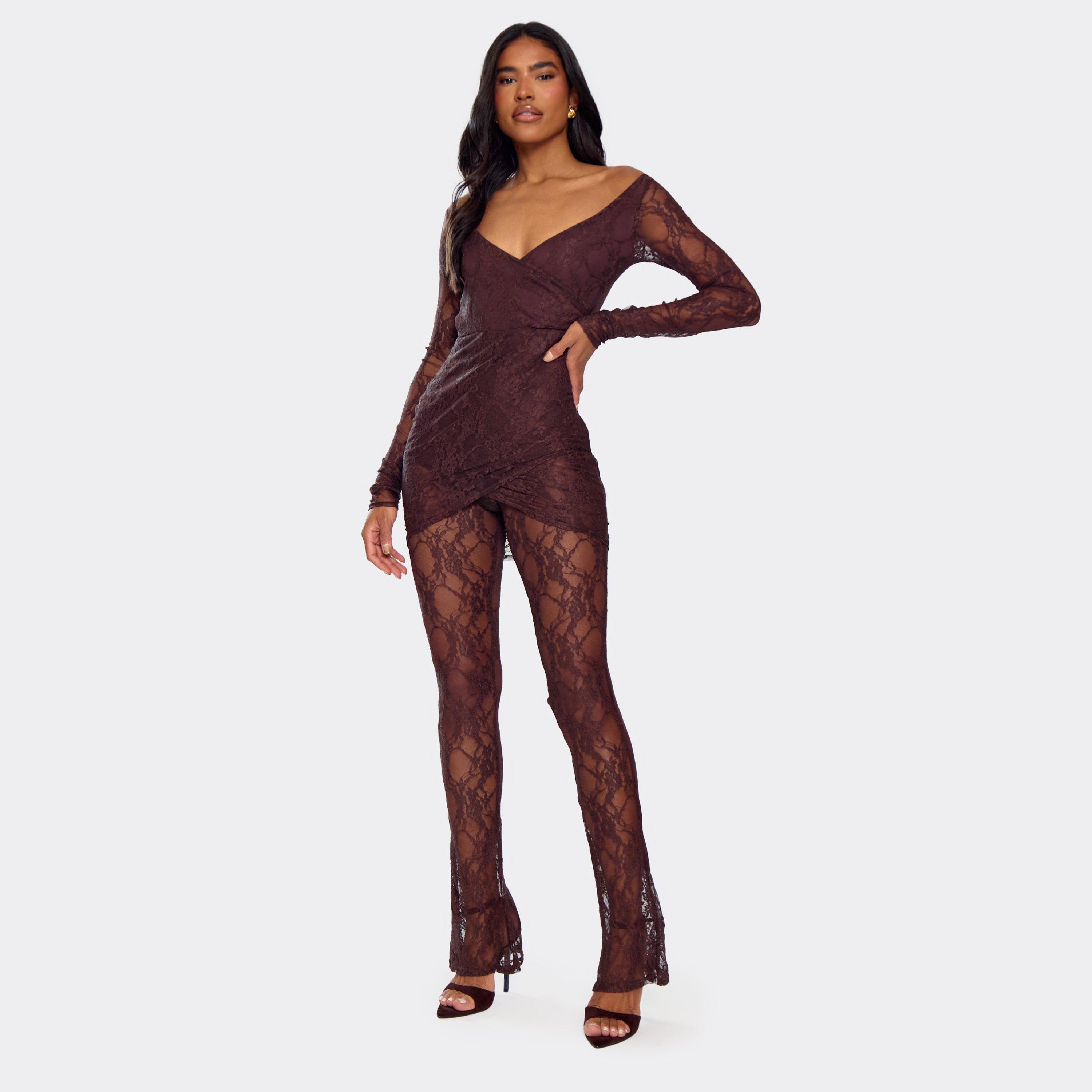 Off The Shoulder Plunge Wrap Detail Jumpsuit In Chocolate Brown Lace, Women's Size UK 8
