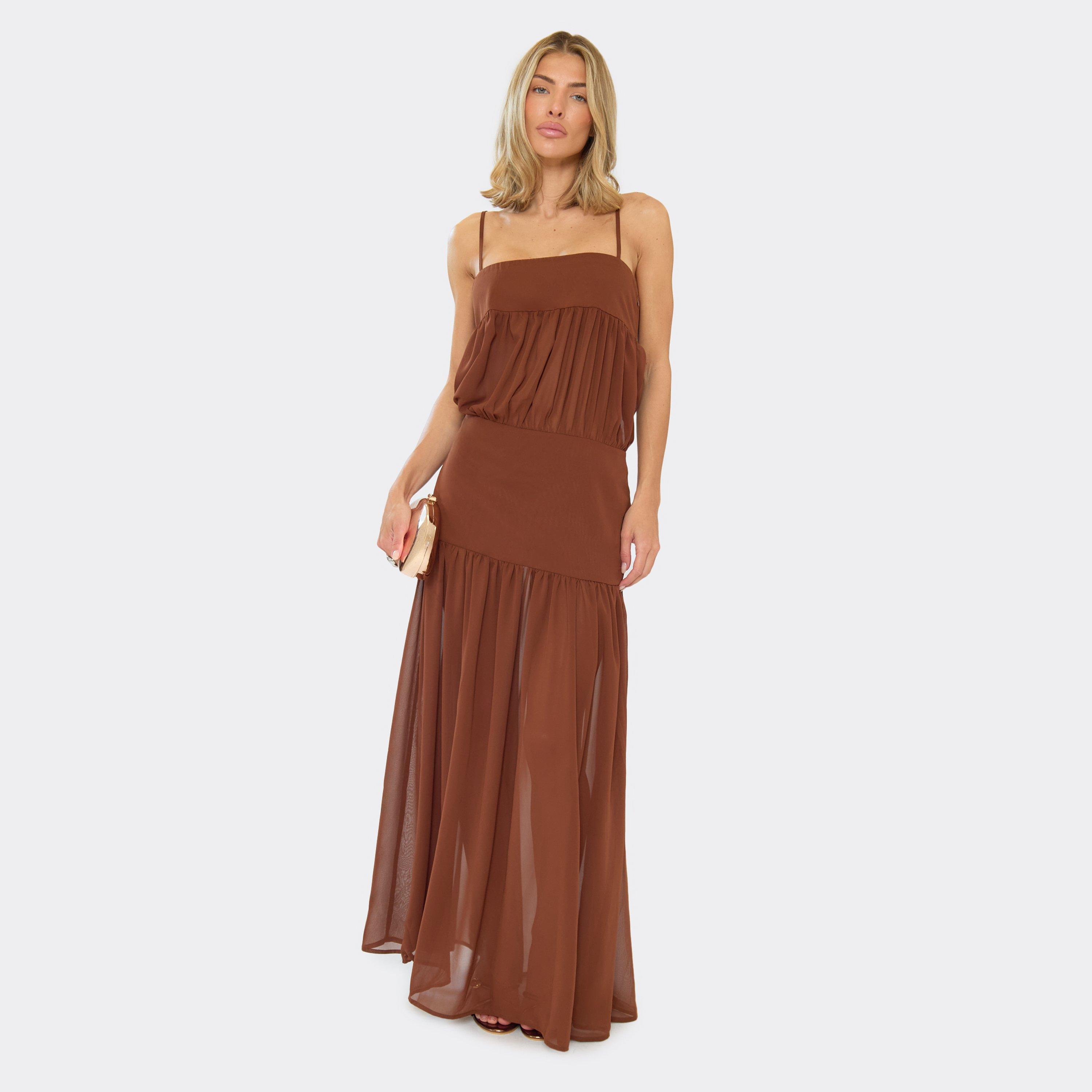 Strappy Blouson Panel Maxi Dress In Brown Sheer Chiffon, Women's Size UK 12
