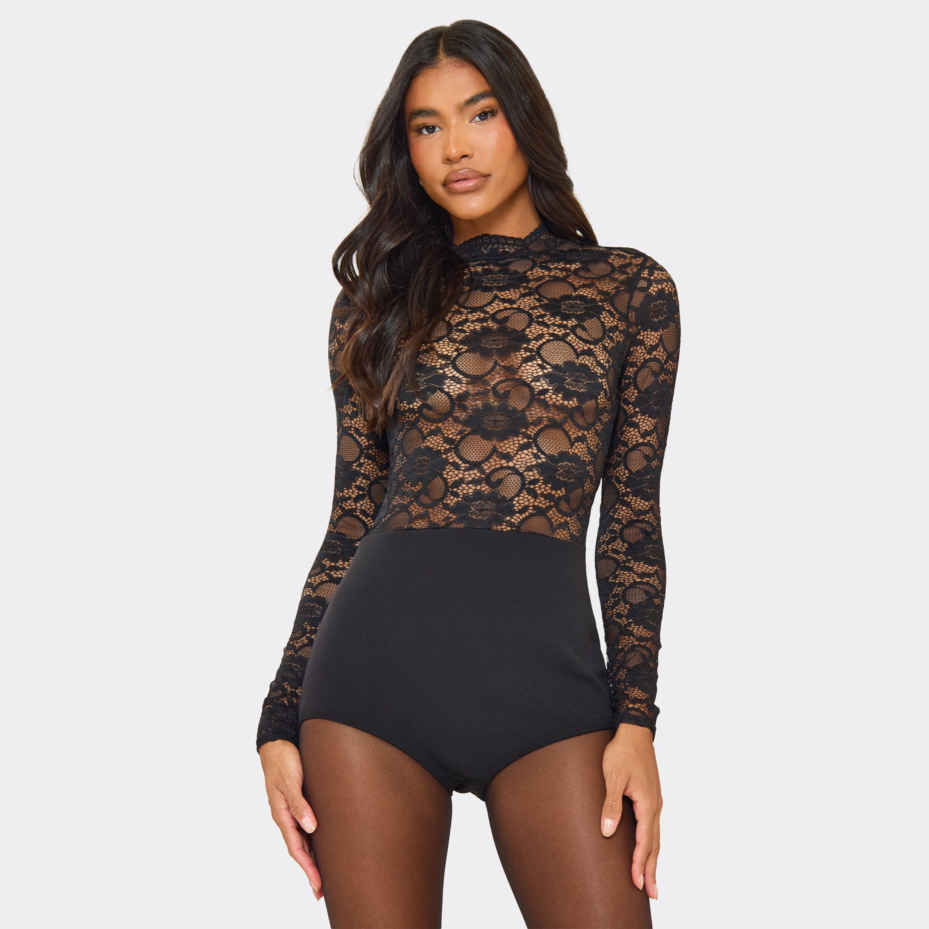 Image of High Neck Contrast Lace Micro Playsuit In Black, Women's