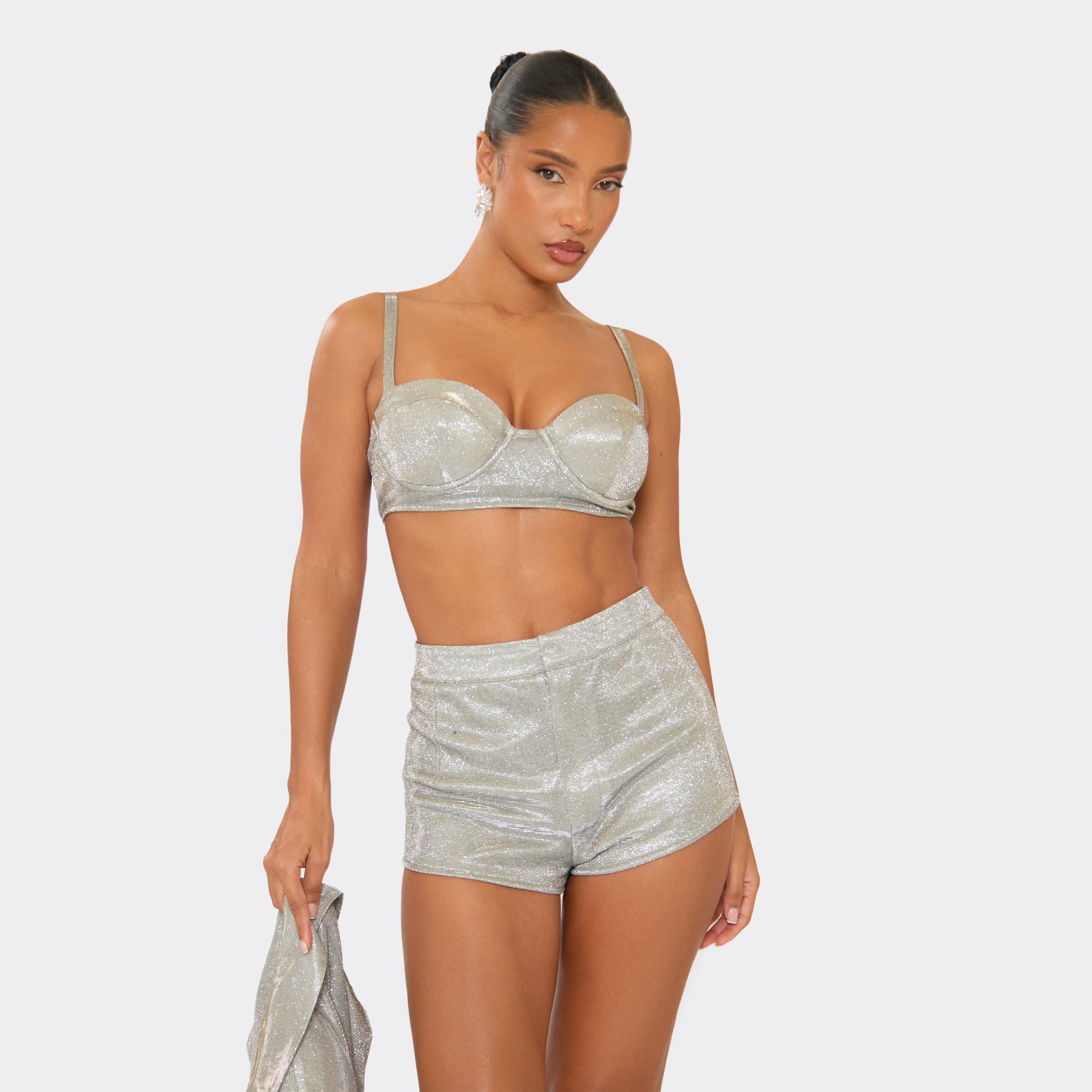 Image of Strappy Underwired Bralet Top In Silver Glitter, Women's