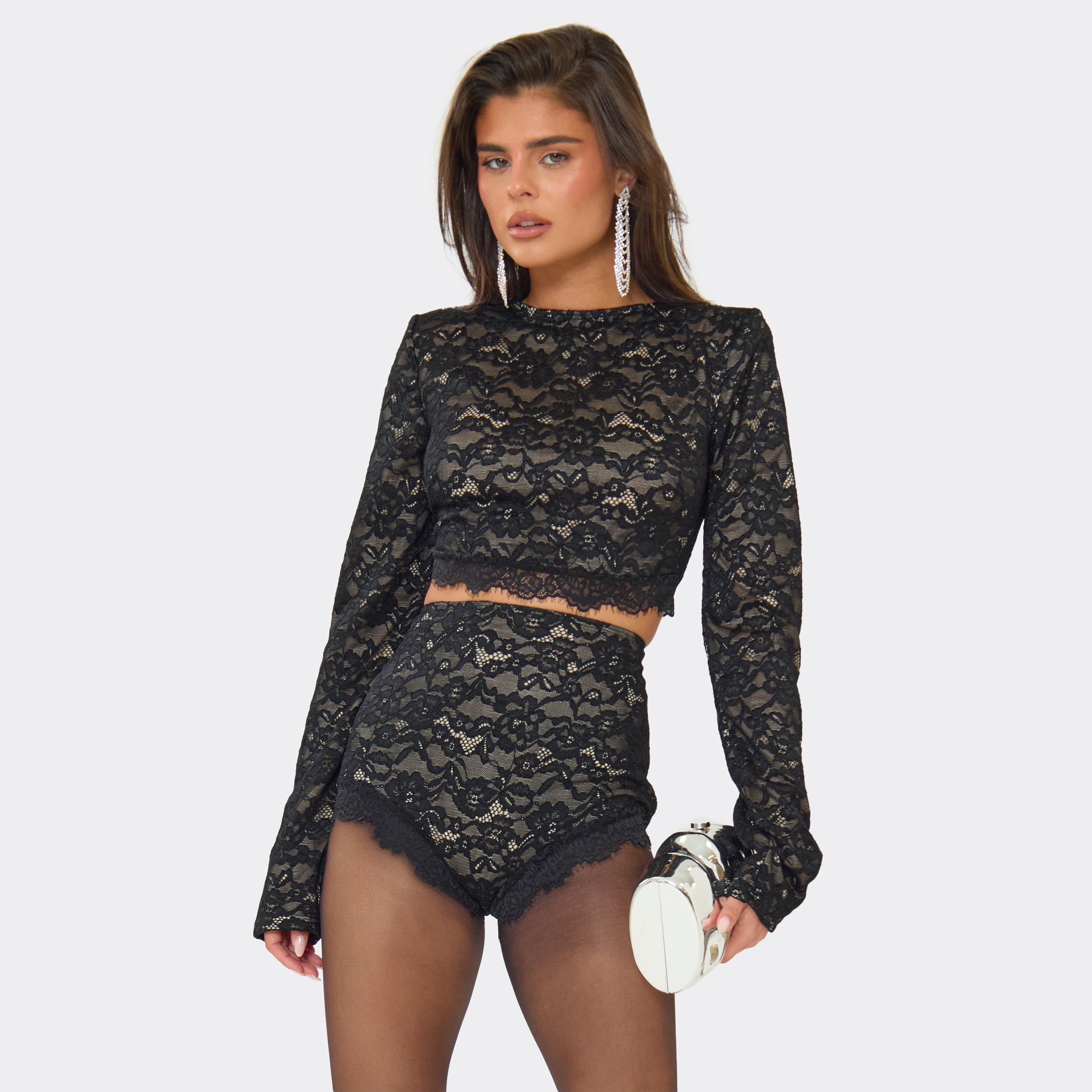 Long Sleeve Shoulder Pad Detail Crop Top In Black Lace, Women's Size UK 10
