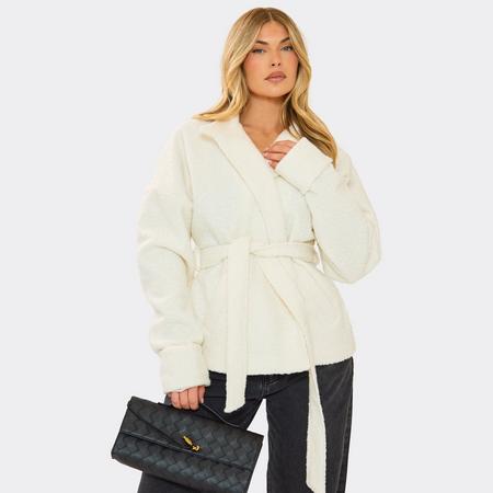 Long Sleeve Belted Detail Jacket In White Borg, Women's Size US