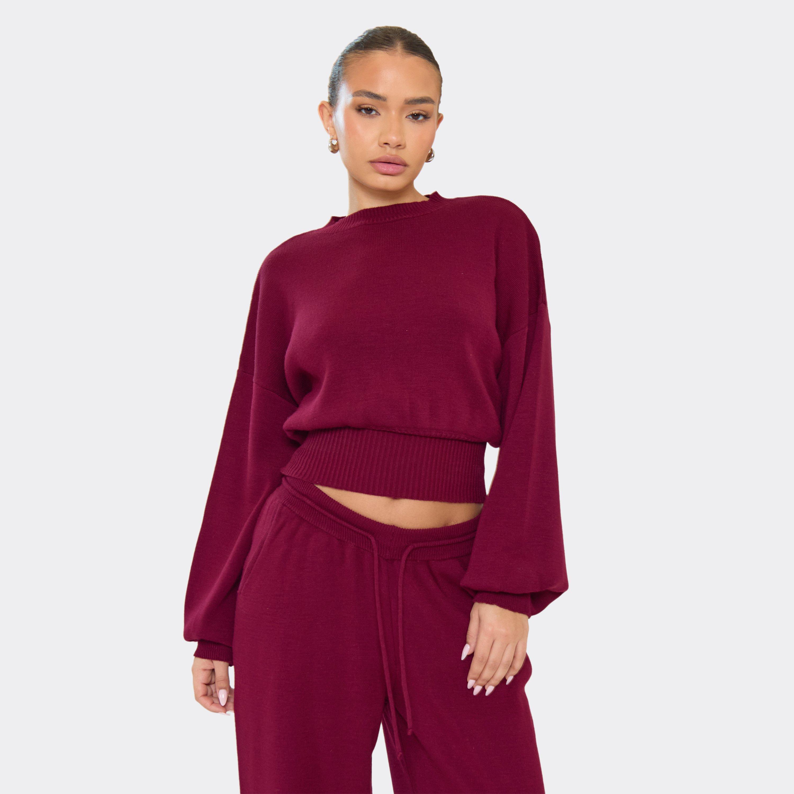 Long Sleeve Cinched Waist Jumper In Burgundy Knit, Women's Size UK M