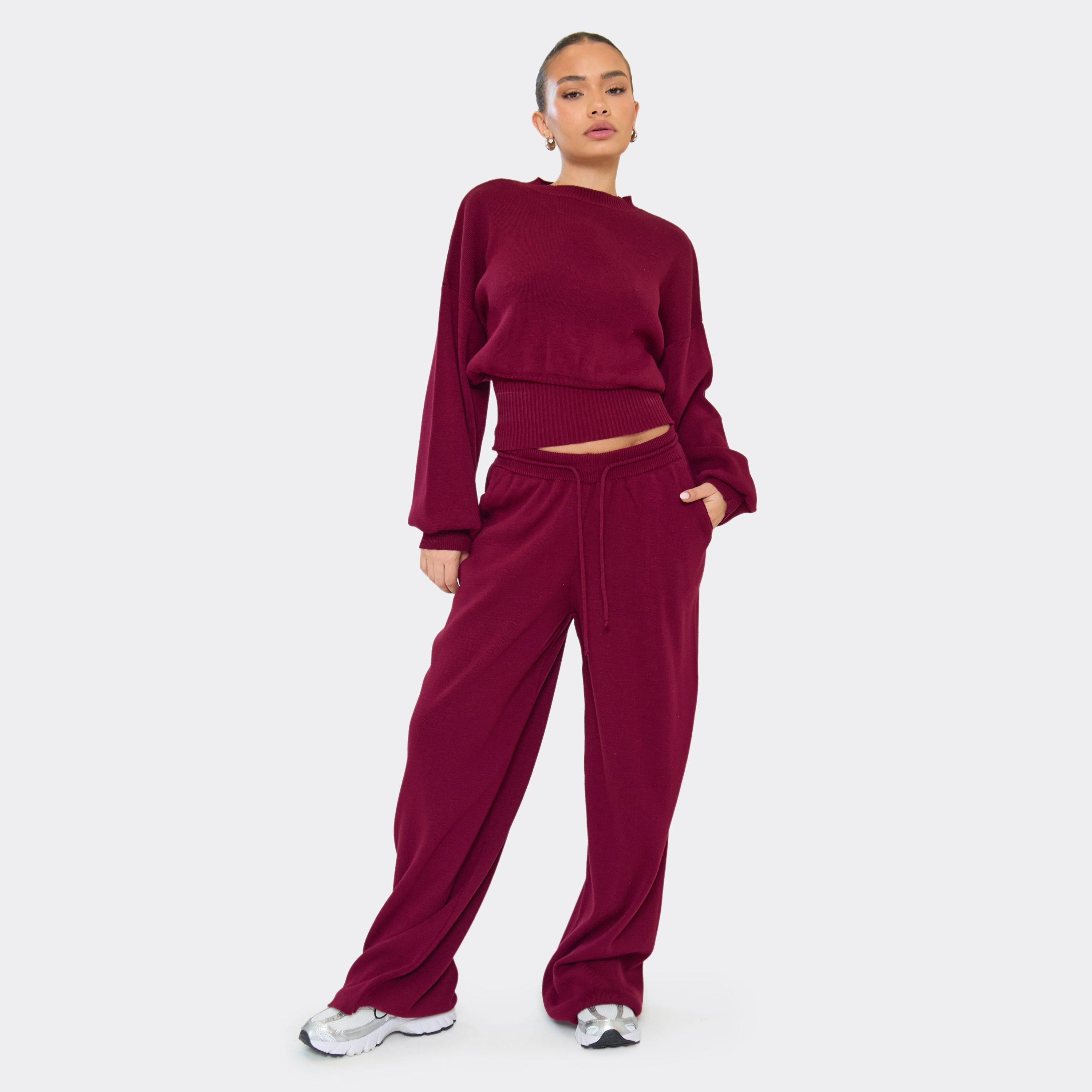 Image of Tie Waist Wide Leg Trousers In Burgundy Knit, Women's Size UK L