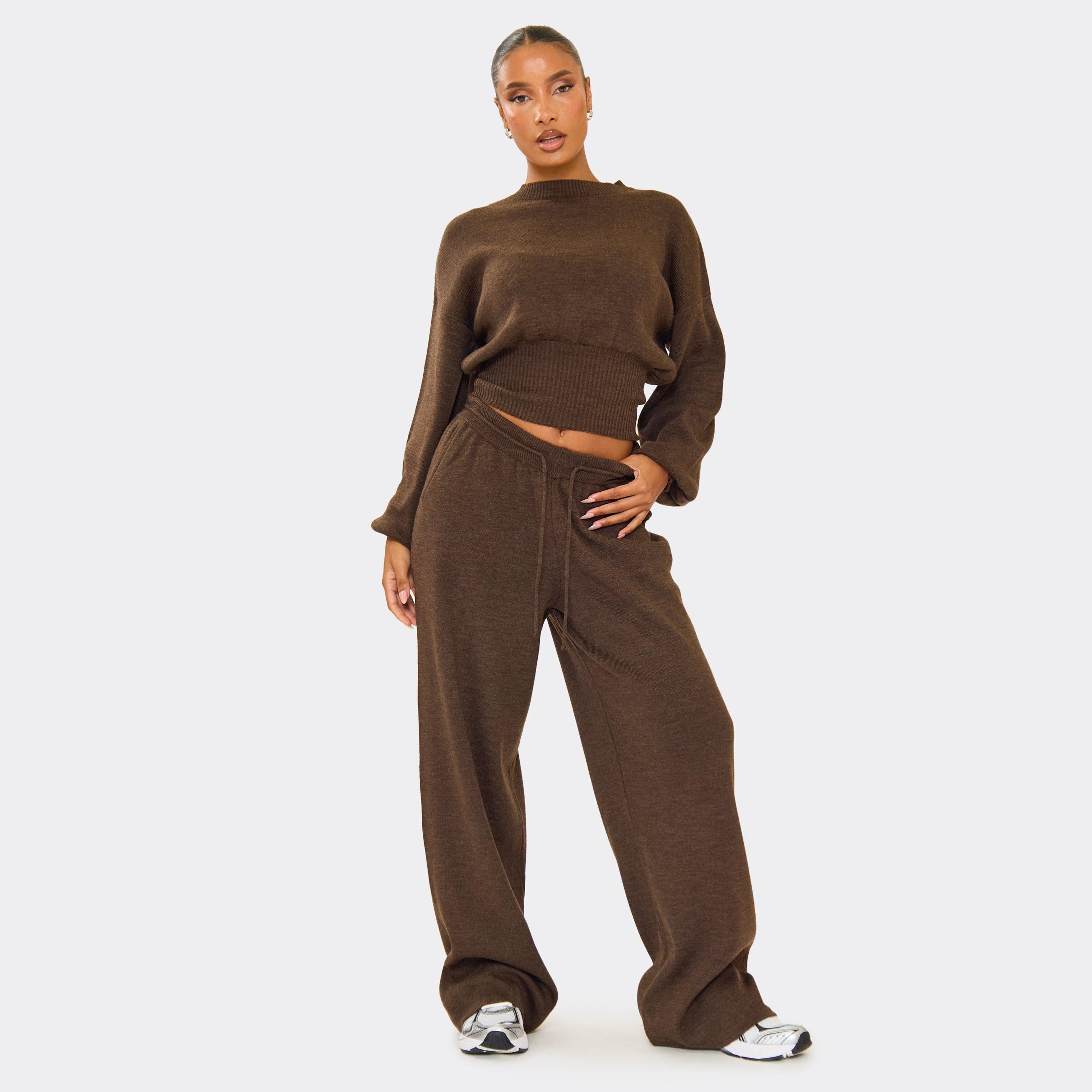 Tie Waist Wide Leg Trousers In Chocolate Brown Knit, Women's Size UK S