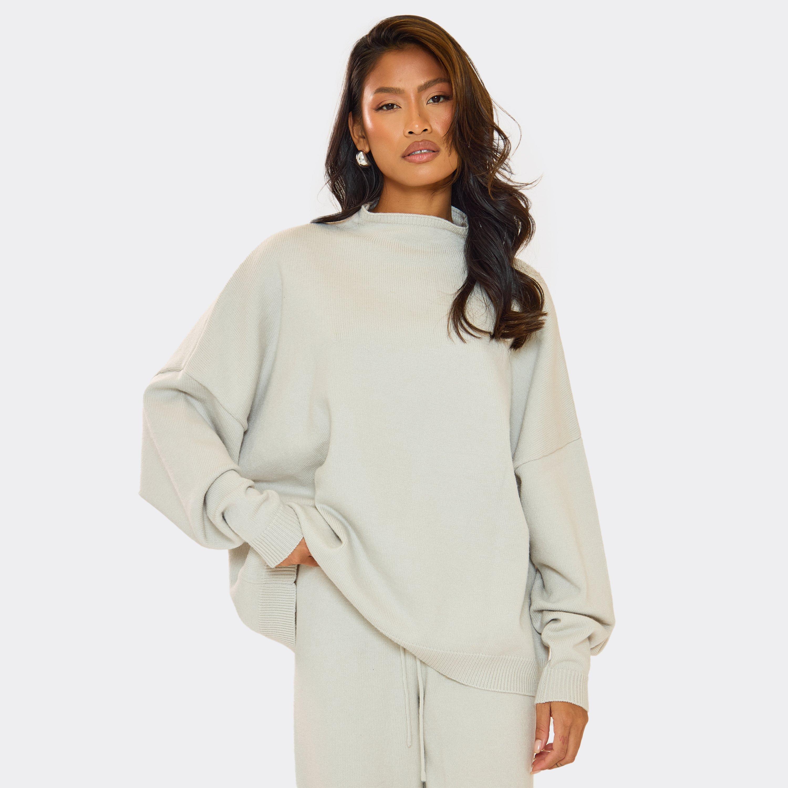 High Neck Oversized Batwing Jumper In Grey Marl Knit, Women's Size UK L