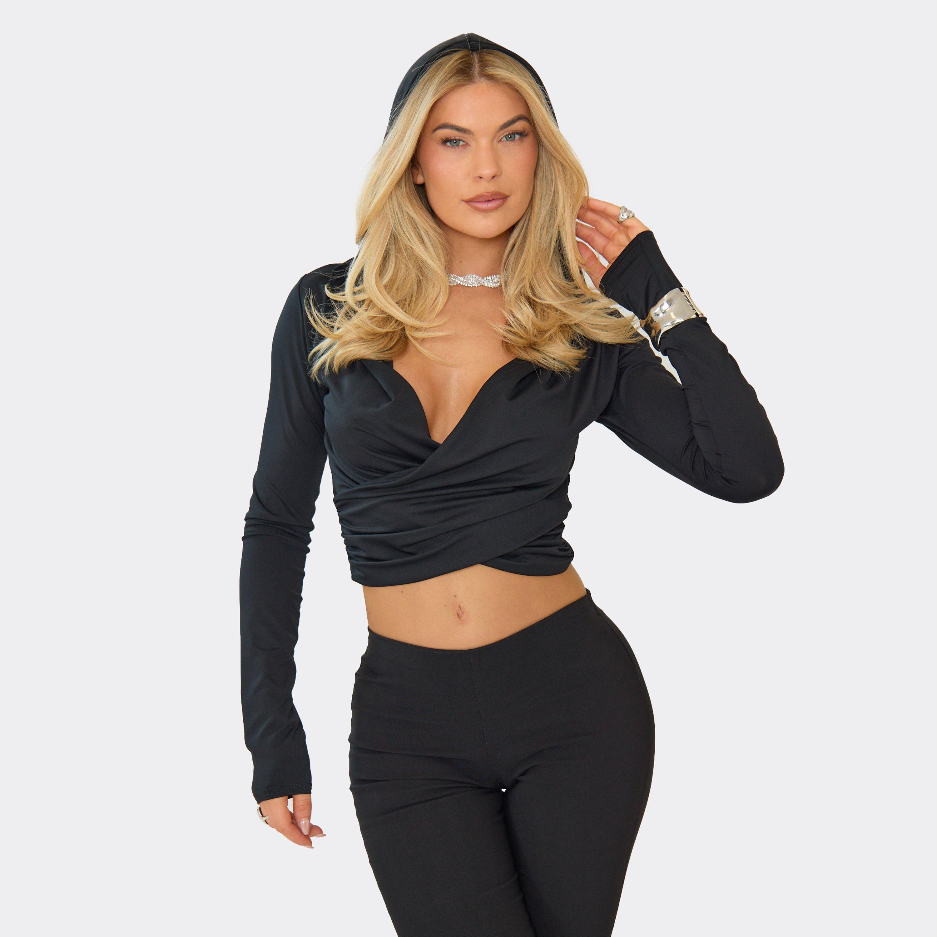 Image of Long Sleeve Cowl Hooded Crop Top In Black, Women's