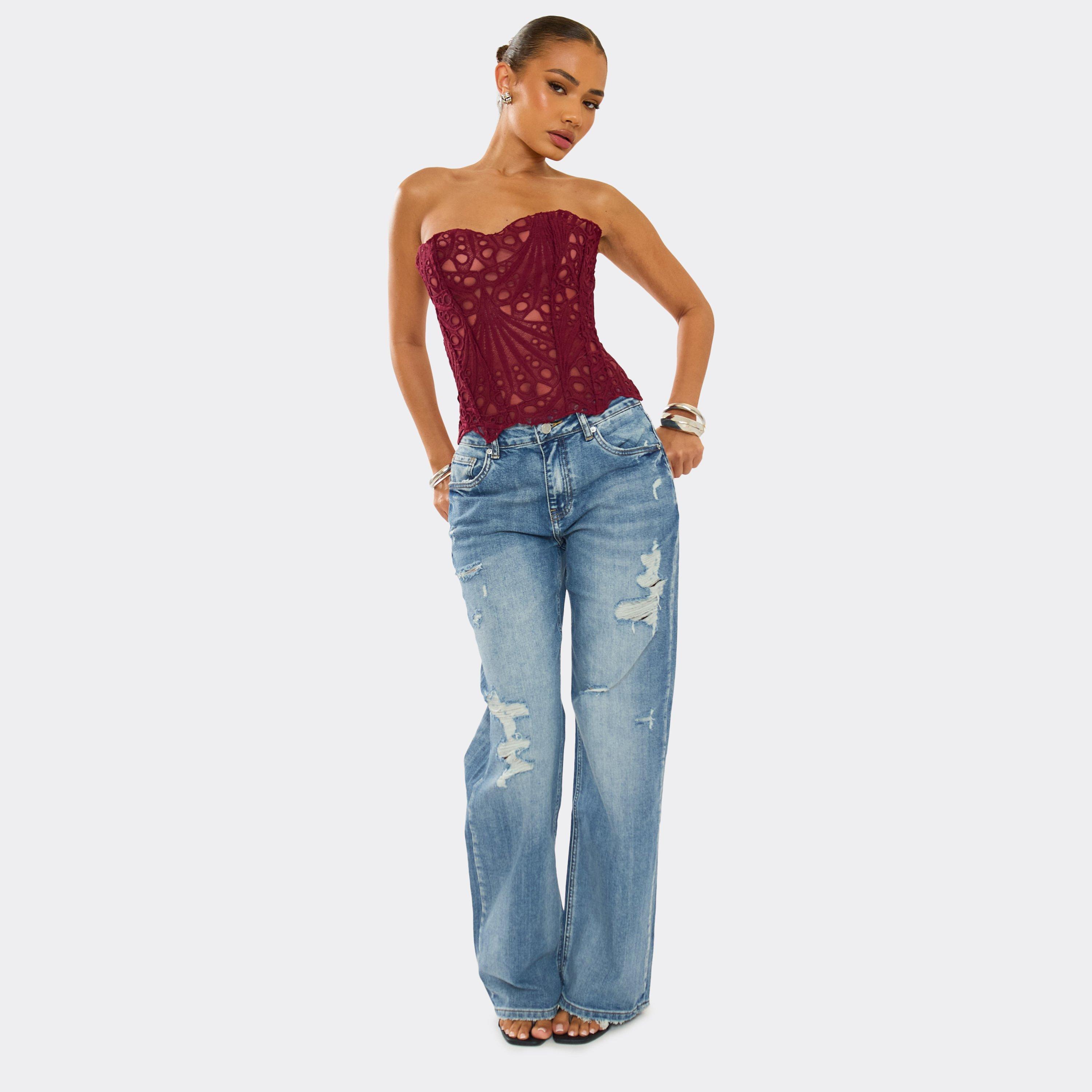 Mid Rise Distressed Detail Wide Leg Jeans In Washed Mid Blue Denim, Women’s