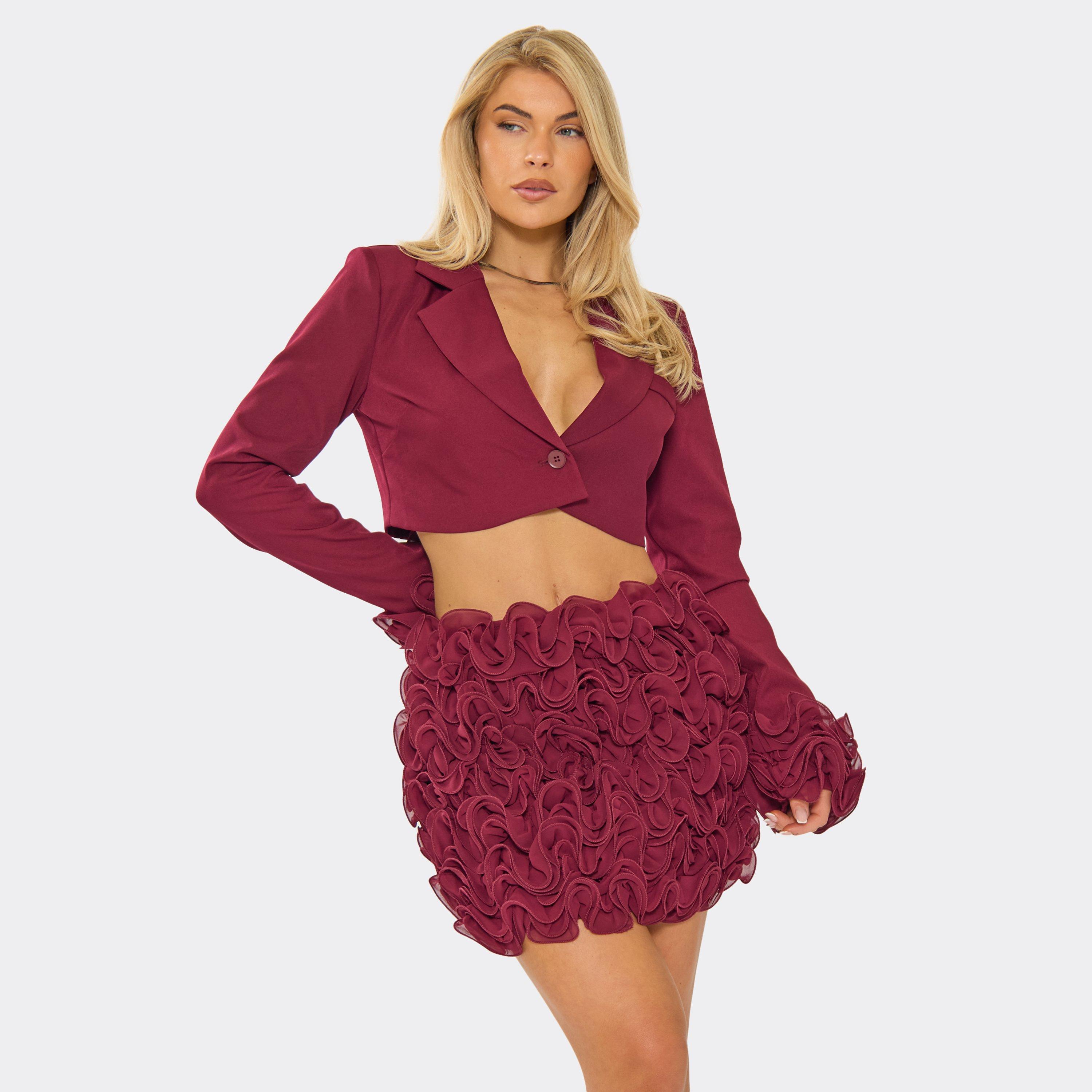 Textured Sleeve Detail Cropped Blazer In Burgundy, Women's Size UK 8