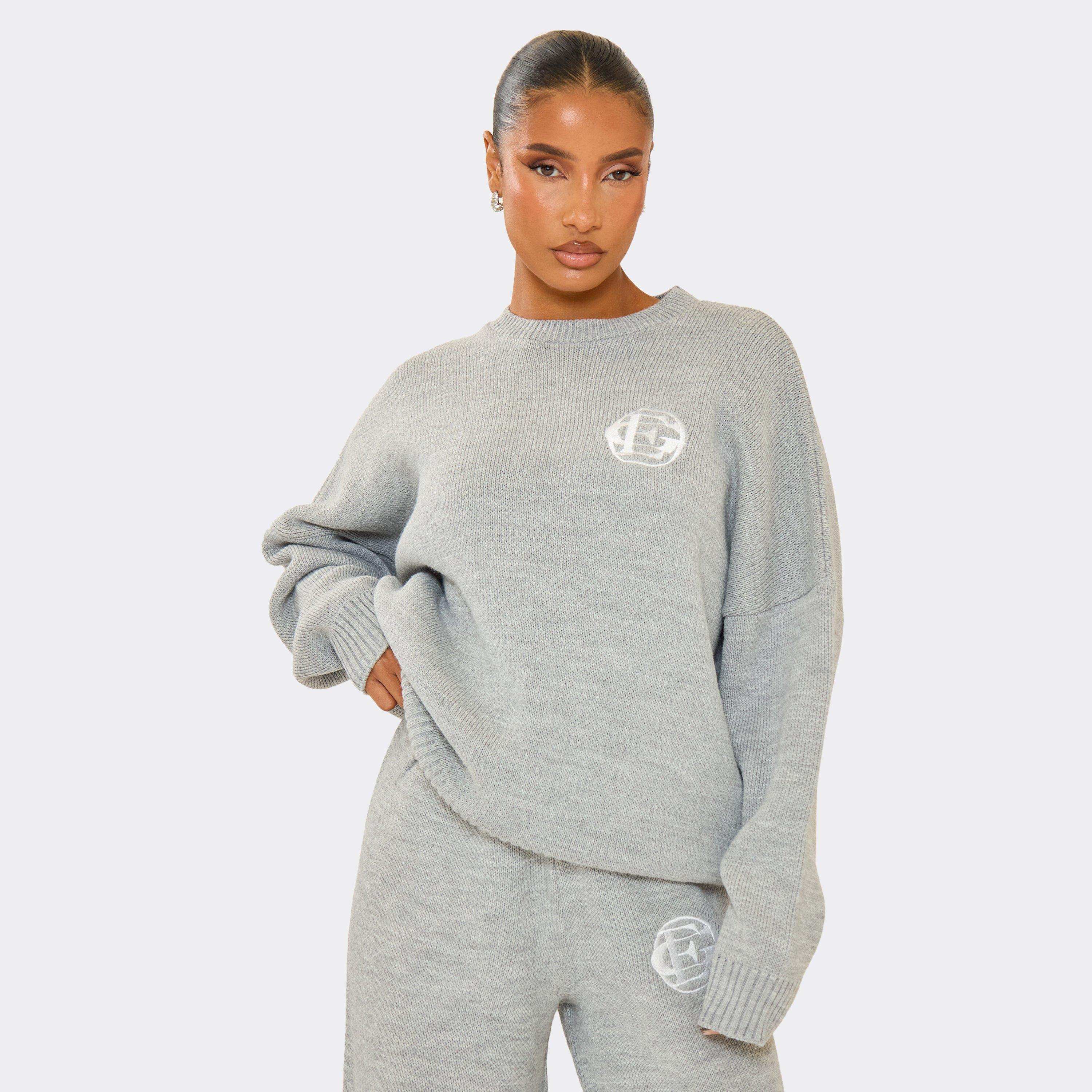 Oversized Embroidered Ego Logo Jumper In Grey Knit, Women’s