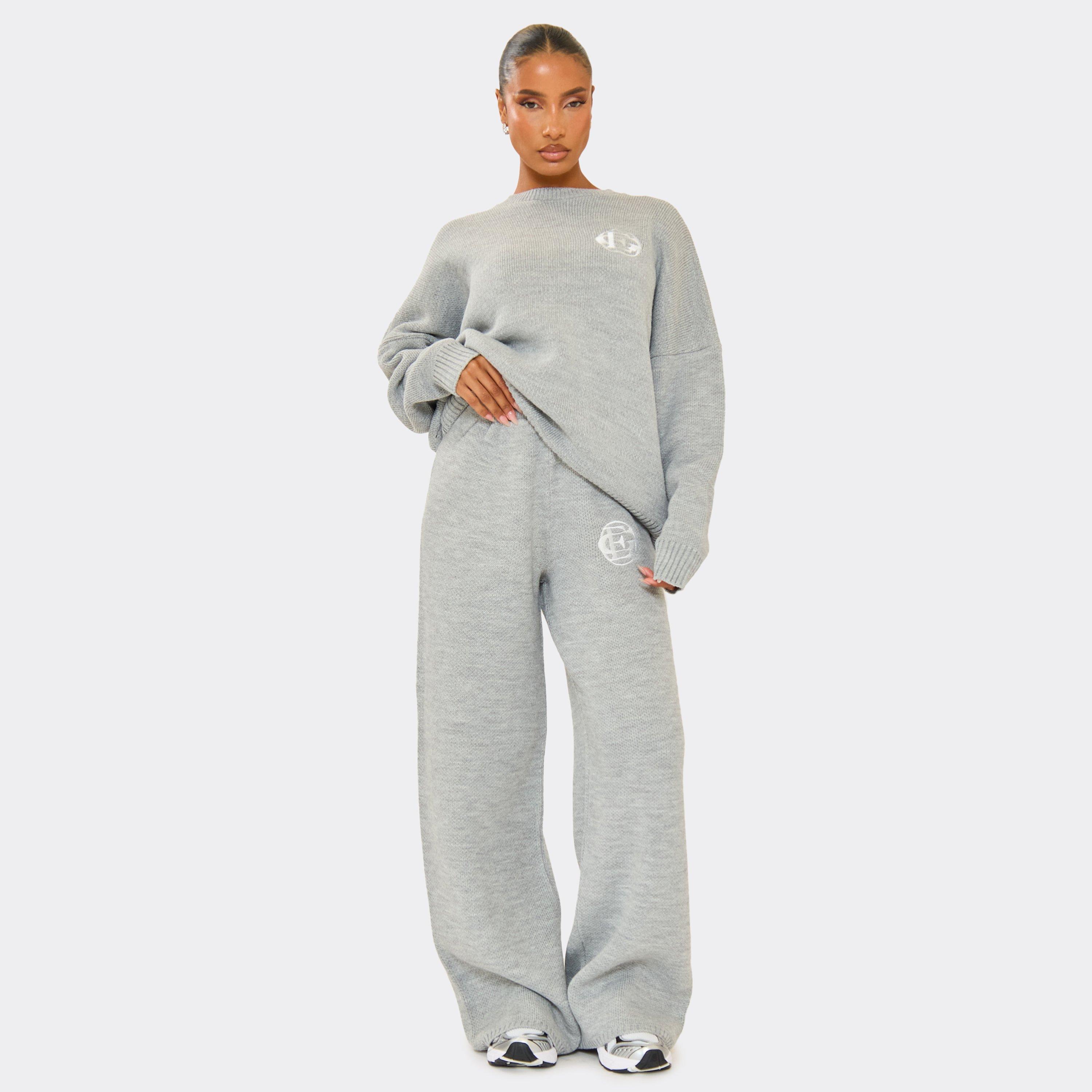 High Waist Embroidered Ego Logo Wide Leg Trousers In Grey Knit, Women's Size UK S