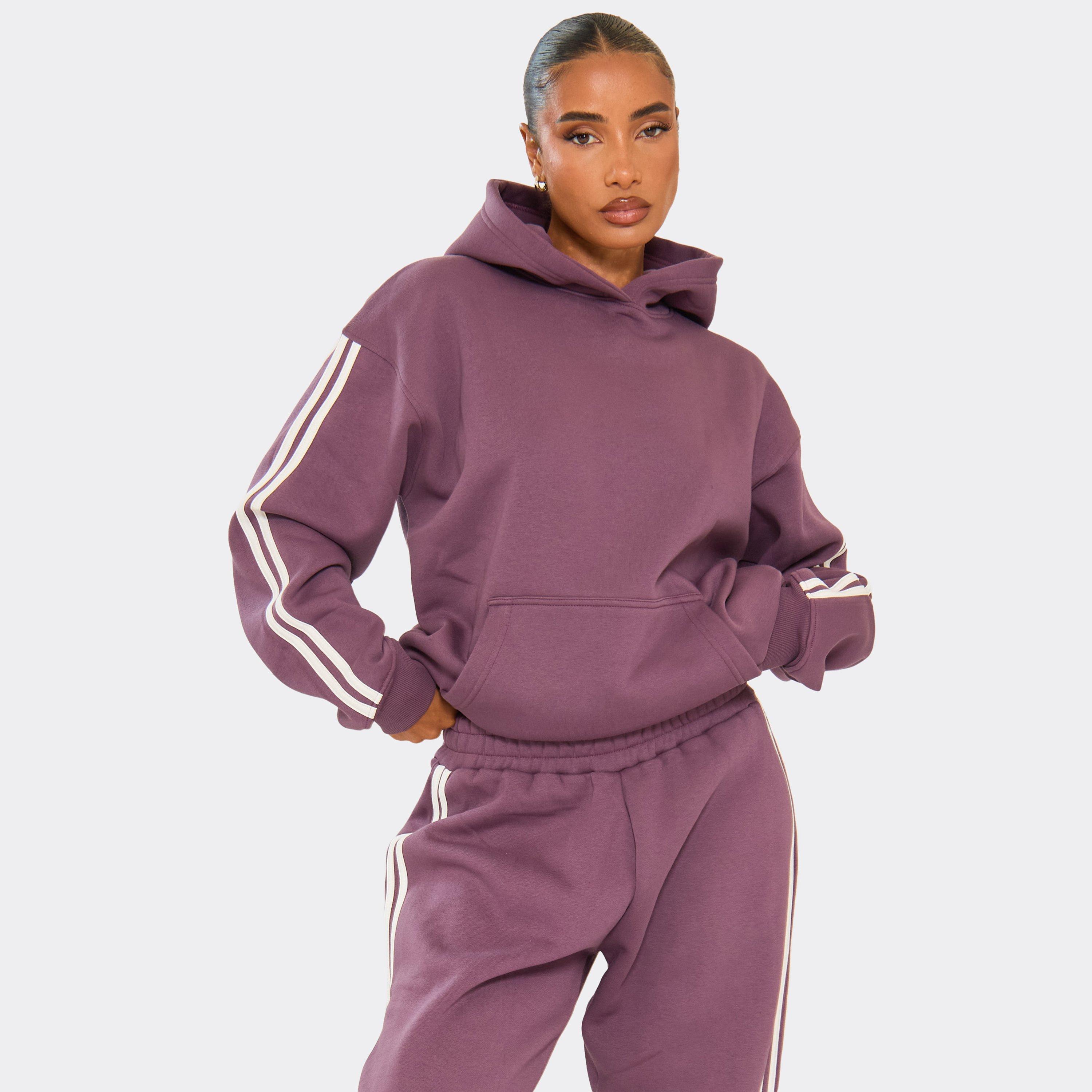 Contrast Stripe Detail Oversized Hoodie In Plum, Women’s