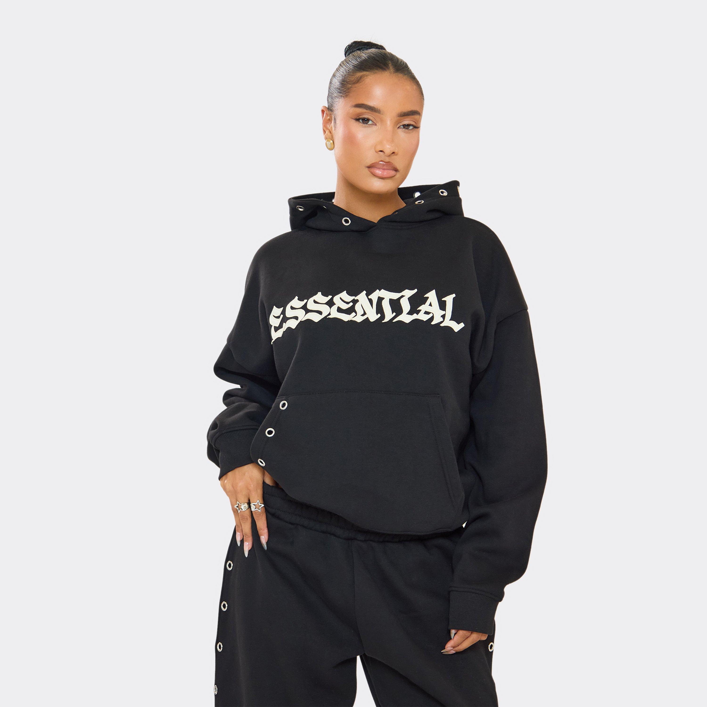 Eyelet Detail Essential Graphic Hoodie In Black, Women’s