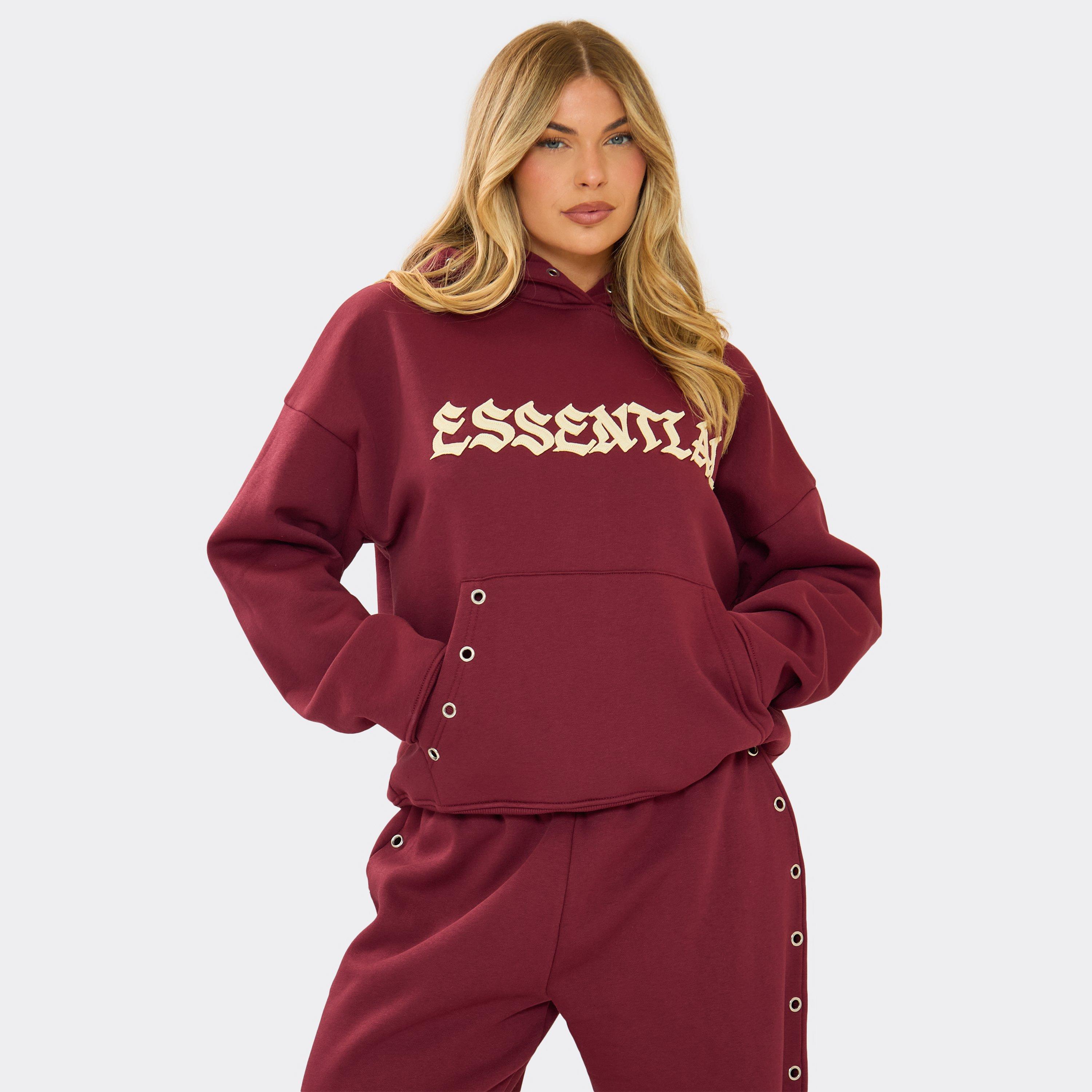 Eyelet Detail Essential Graphic Hoodie In Burgundy, Women’s