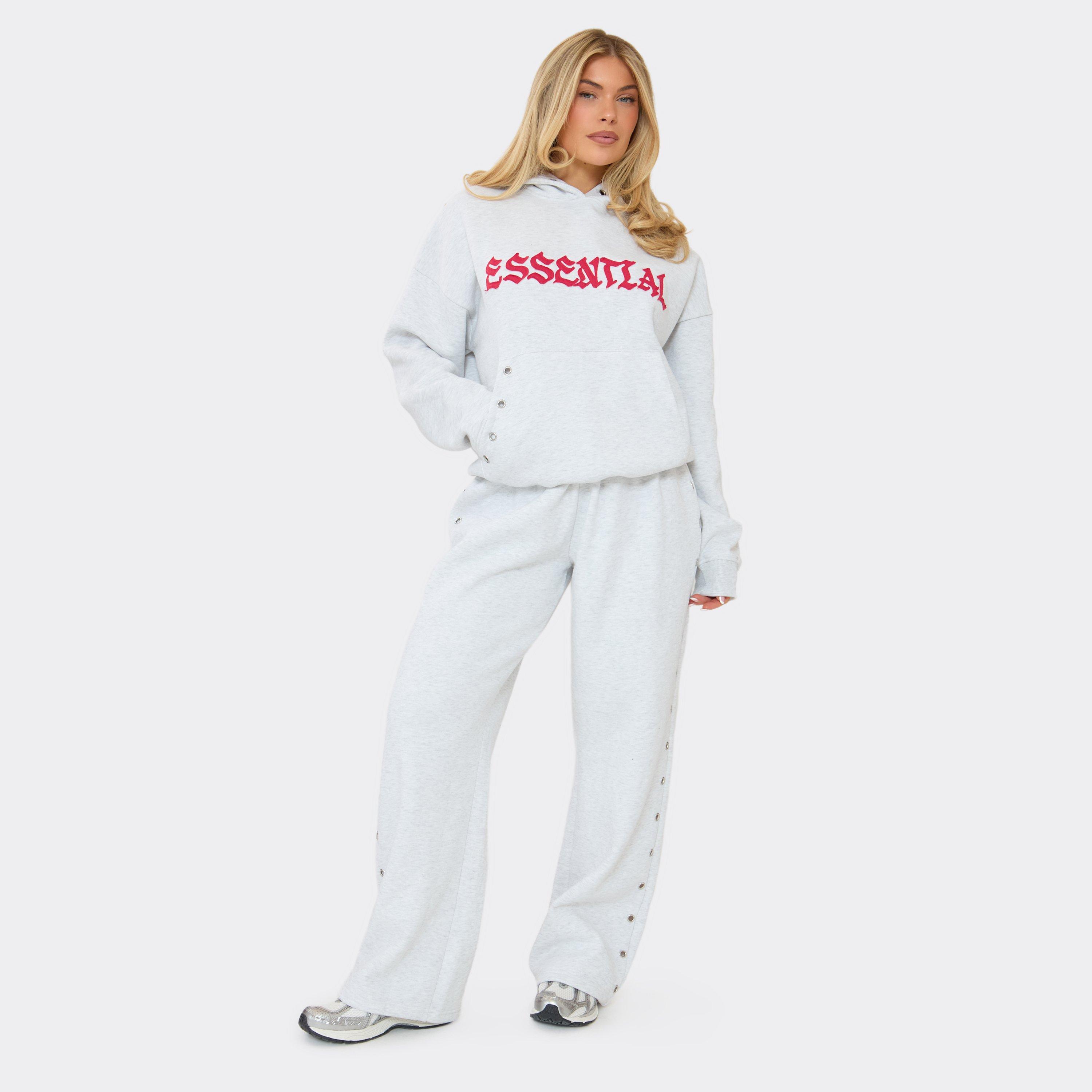 Mid Rise Eyelet Detail Graphic Wide Leg Joggers In Light Grey Marl, Women’s