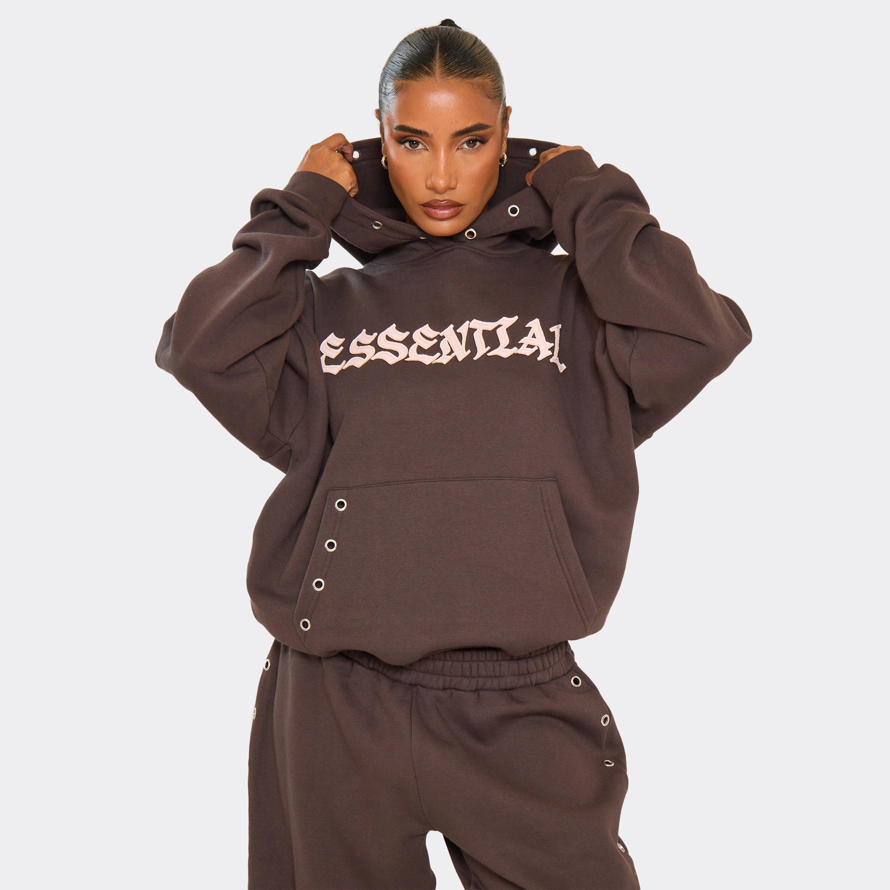 Eyelet Detail Graphic Hoodie In Chocolate, Women's Size UK 4