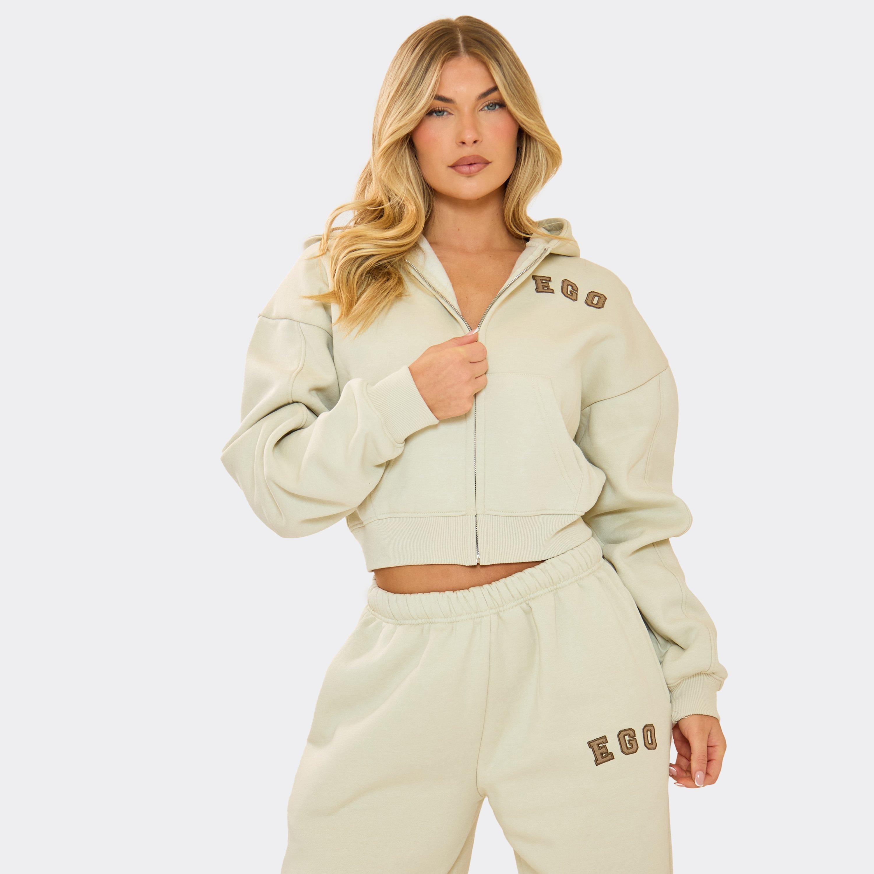 Embroidered Graphic Detail Shrunken Boxy Zip Up Hoodie In Ecru, Women's Size UK 14