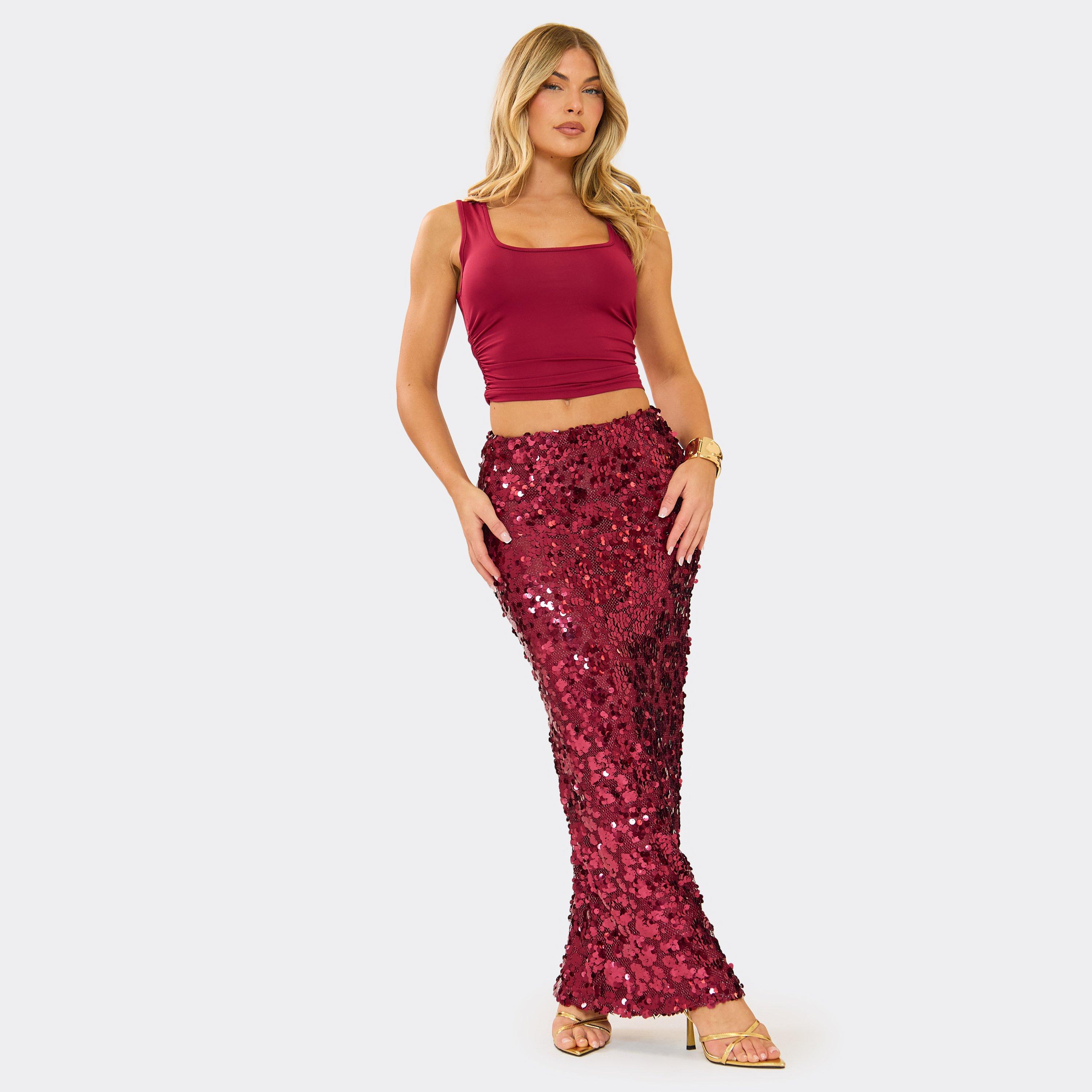 Square Neck Slinky Top And Sequin Maxi Skirt Co-Ord Set In Burgundy, Women's Size UK S