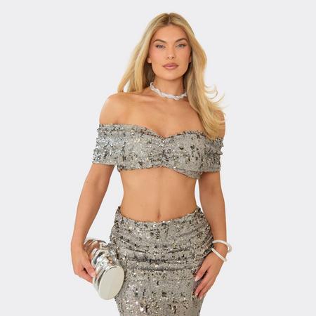 Bardot Ruched Detail Crop Top In Taupe Sequin, Women's Size US