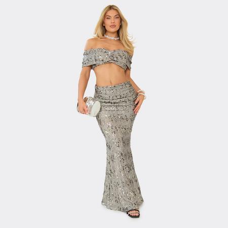 Mid Waist Ruched Detail Maxi Skirt In Taupe Sequin, Women's Size US