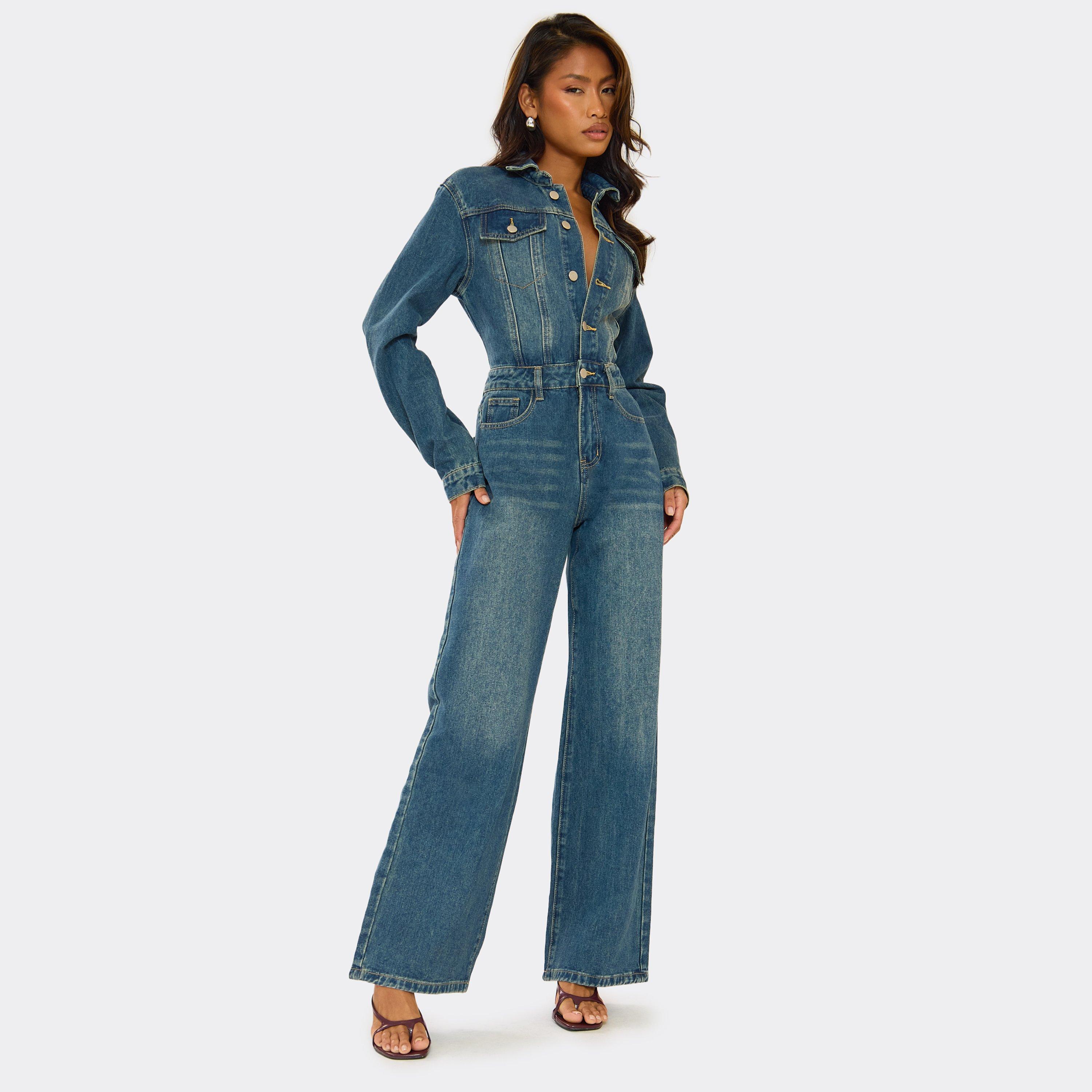 Long Sleeve Button Down Collared Detail Jumpsuit In Washed Blue Denim, Women's Size UK 6