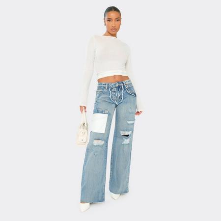 Mid Rise Pocket Distressed Detail Wide Leg Jeans In Washed Blue Denim, Women's Size US