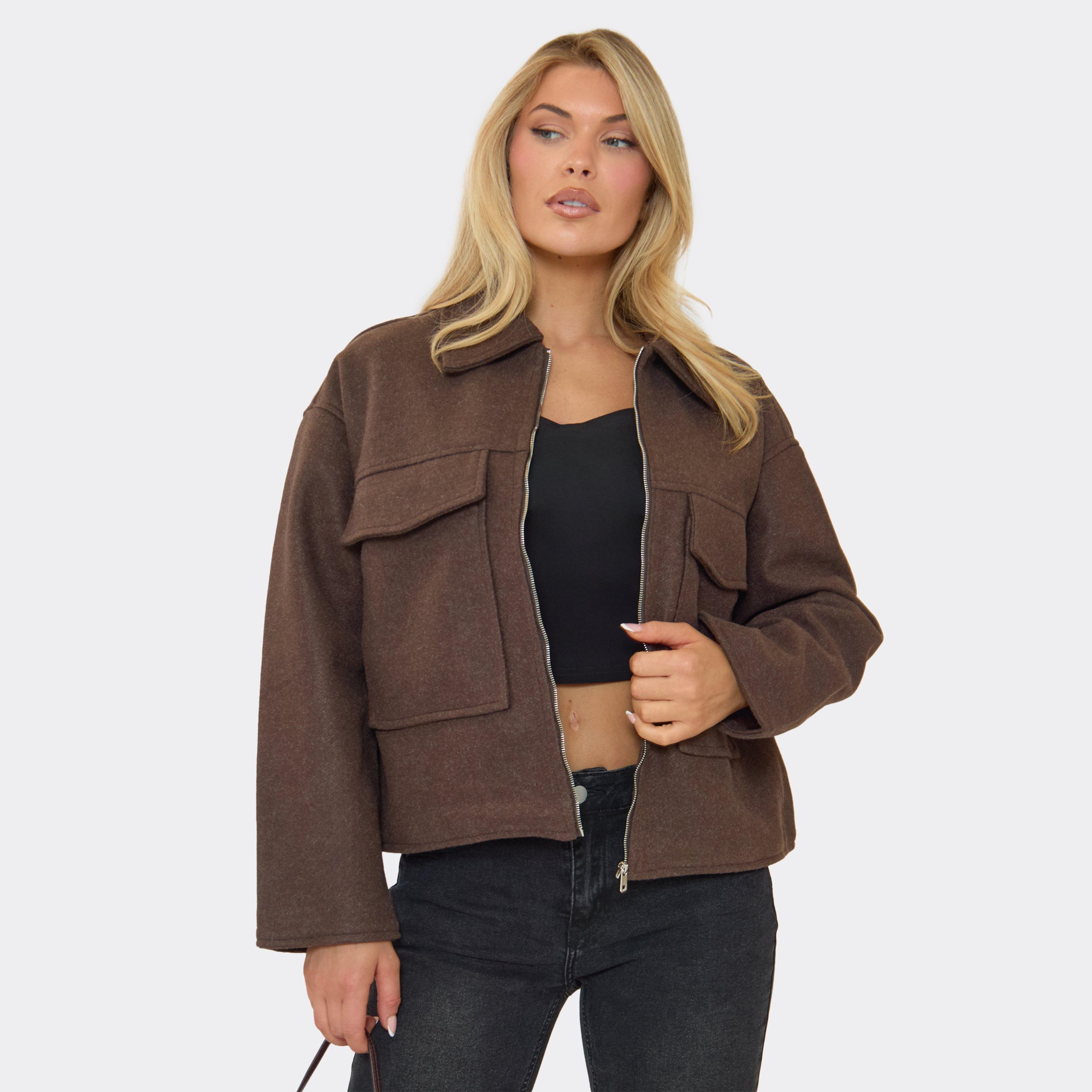 Collared Zip Up Boxy Wool Look Jacket In Chocolate Brown, Women's Size UK S