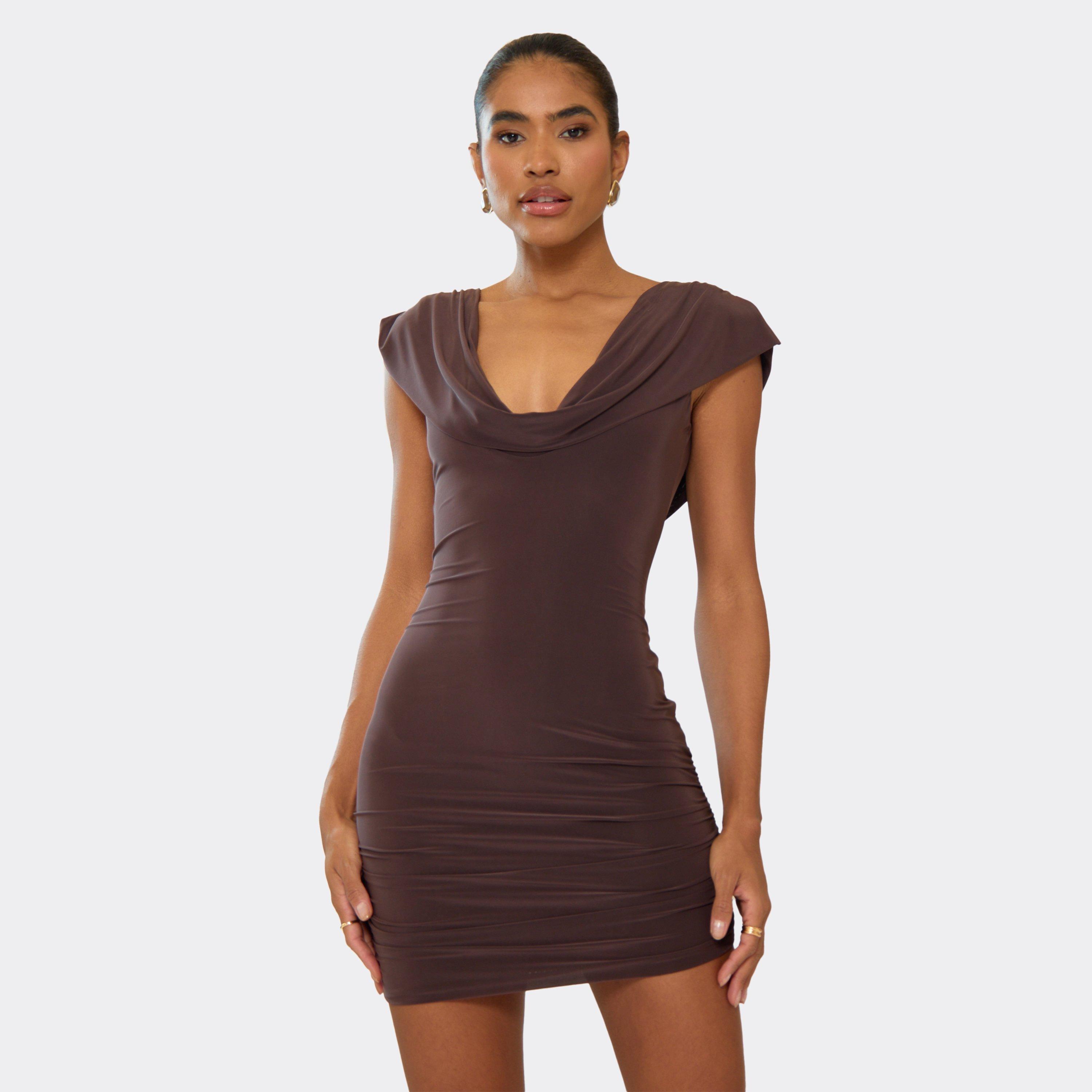Cowl Asymmetric Drape Detail Mini Dress In Chocolate Brown, Women's Size UK 12