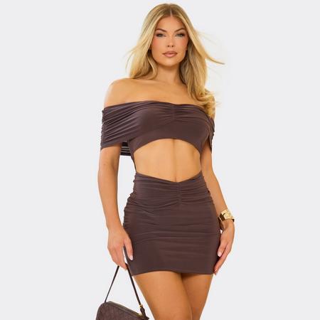 Bardot Ruched Cut Out Detail Mini Dress In Chocolate Brown, Women's Size US