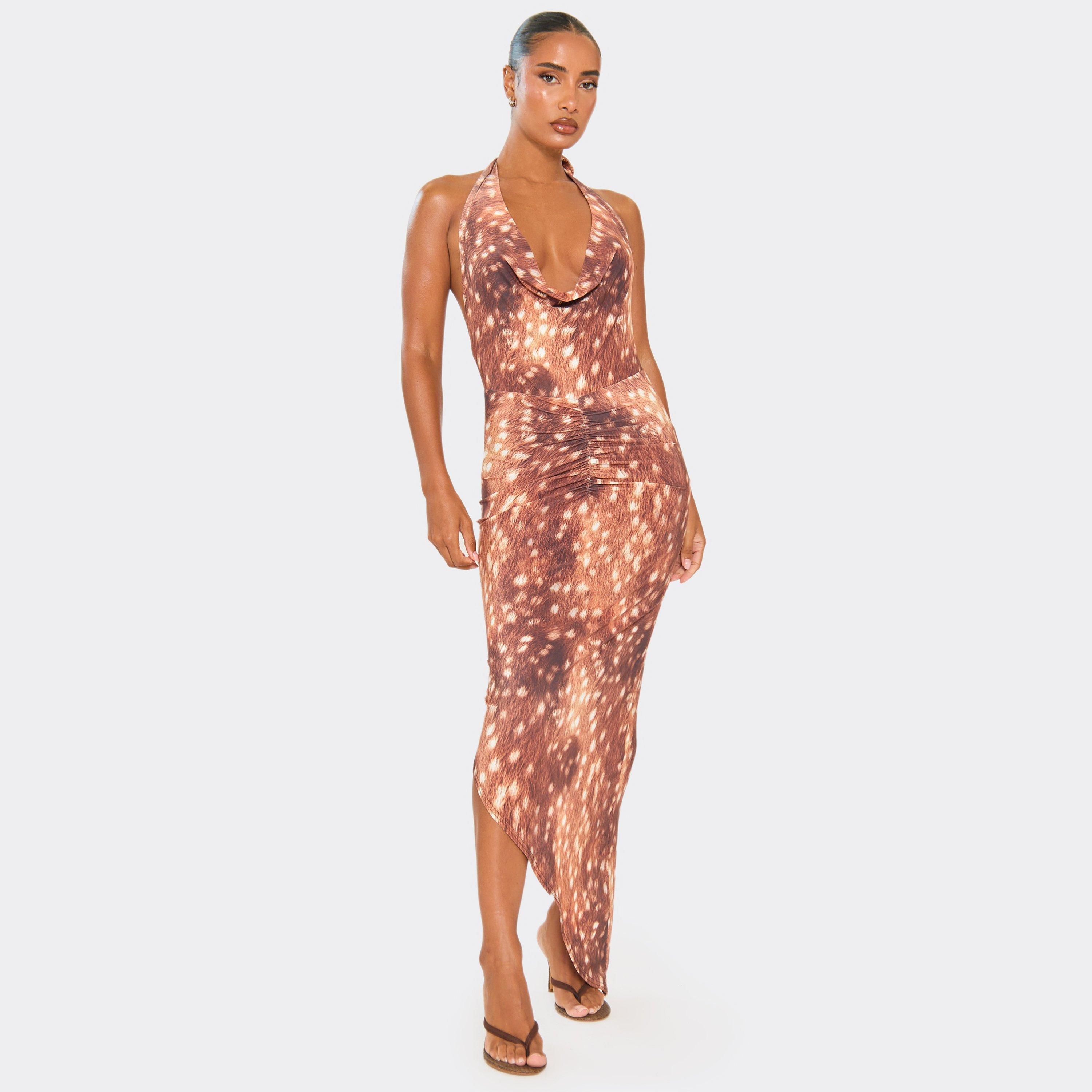 Cowl Neck Asymmetric Hem Maxi Dress In Brown Deer Print, Women's Size UK 8